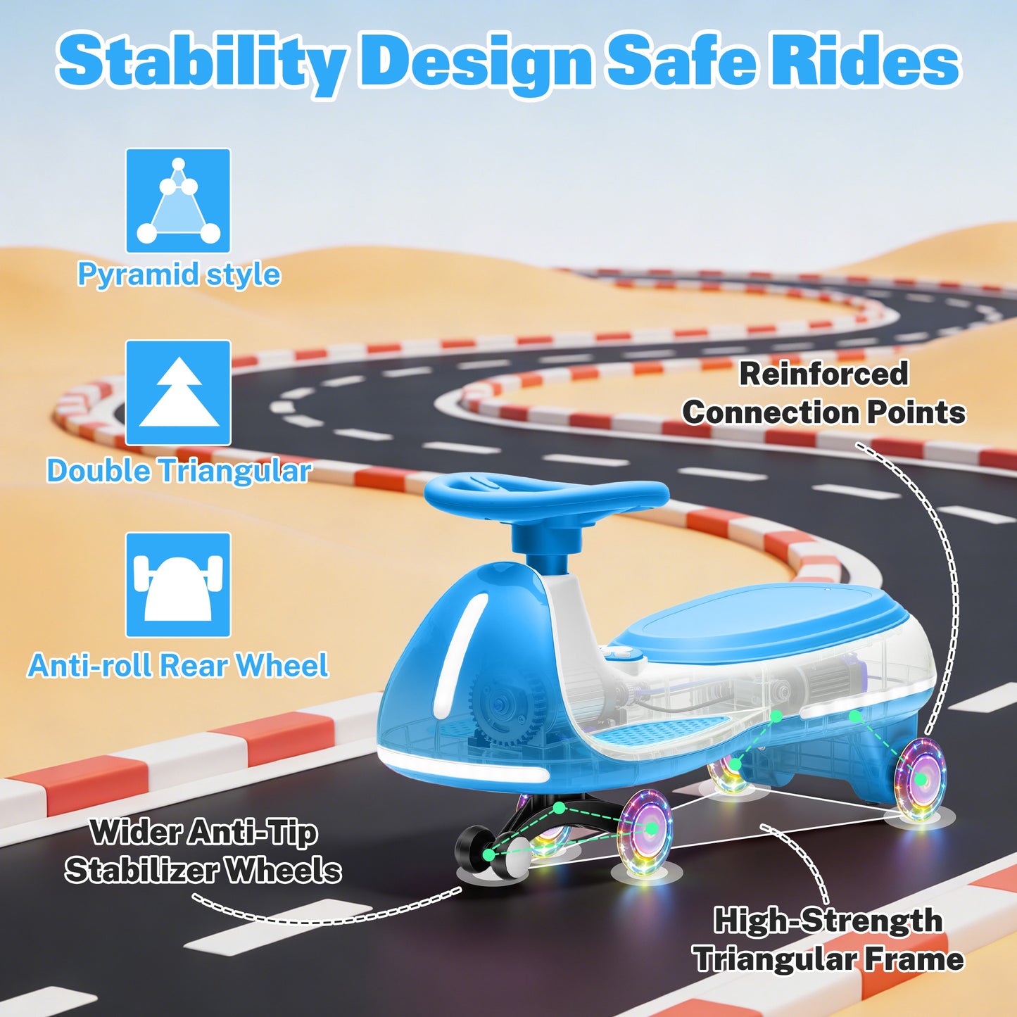 iRerts 12V Ride on Toys, Electric Ride on Wiggle Car with Pedal, 2 in 1 Swing Car Kids Wiggle Car for Toddlers Ages 3+, Kids Cars with Flashing PU Wheels, Bluetooth Music, 5MPH Max Speed, Blue