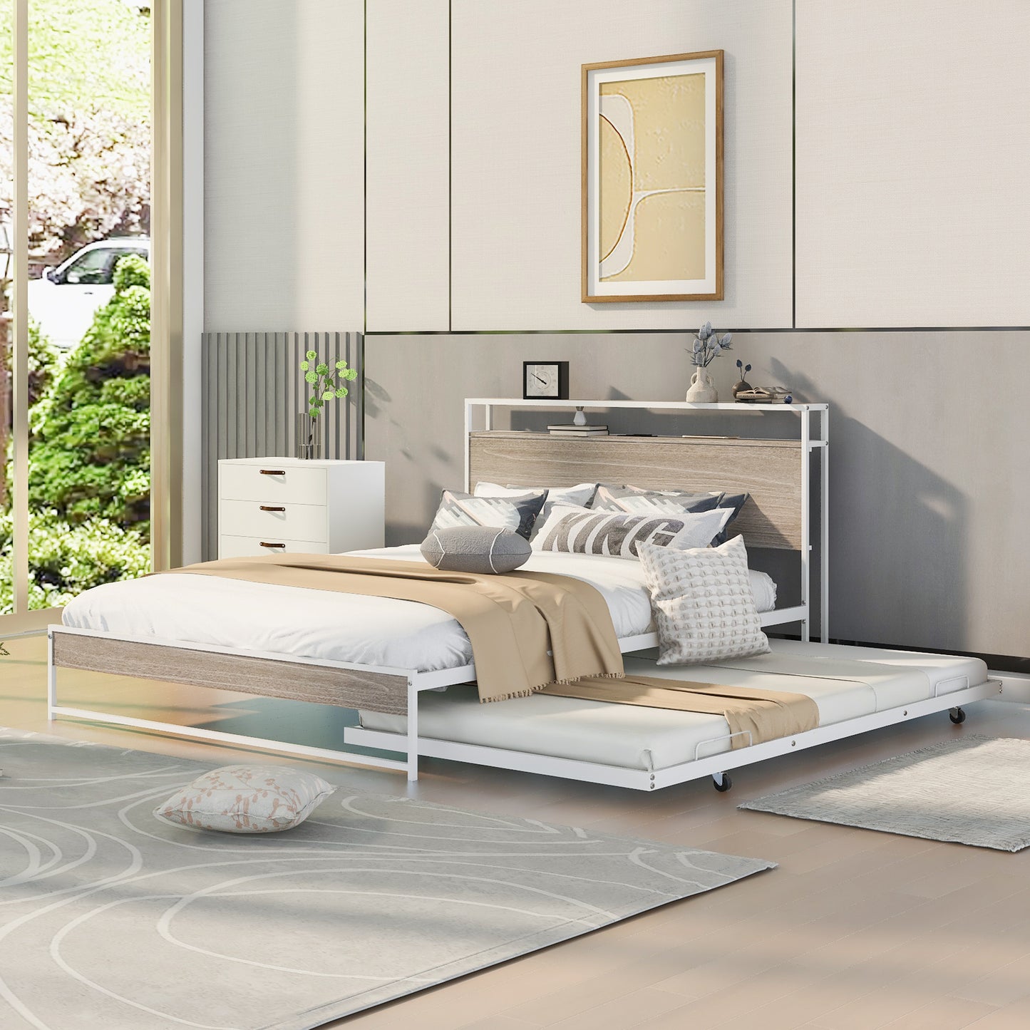Queen Size Metal Platform Bed Frame with Twin Size Trundle, Queen Size Bed Frame with Storage Headboard, Outlet/USB Ports, Steel Slat Support, Queen Bed Frame No Box Spring Needed for Bedroom, White