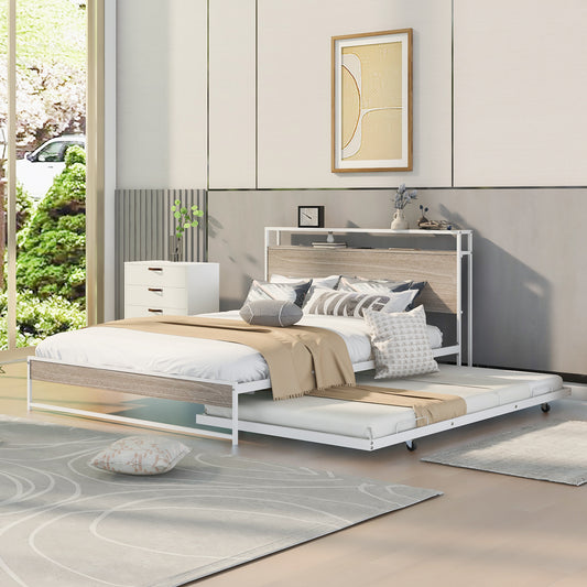 Queen Size Metal Platform Bed Frame with Twin Size Trundle, Queen Size Bed Frame with Storage Headboard, Outlet/USB Ports, Steel Slat Support, Queen Bed Frame No Box Spring Needed for Bedroom, White