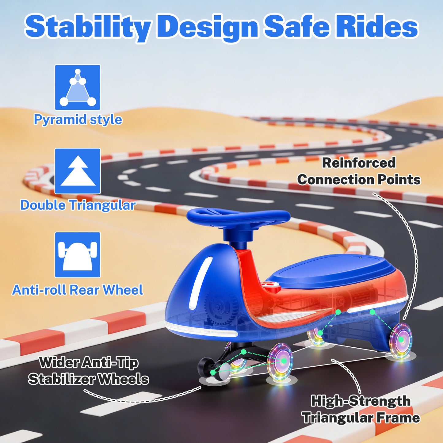iRerts 12V Ride on Toys, Electric Ride on Wiggle Car with Pedal, 2 in 1 Swing Car Kids Wiggle Car for Toddlers Ages 3+, Kids Cars with Flashing PU Wheels, Bluetooth Music, 5MPH Max Speed, Blue+Red