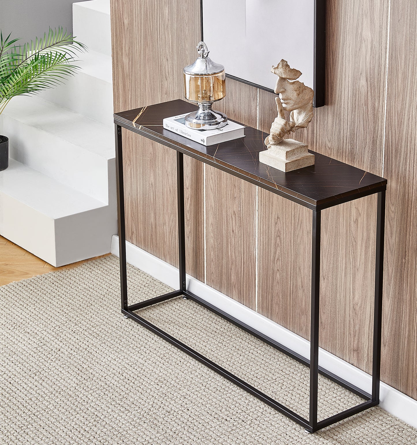 iRerts Console Table Narrow Sofa Table with Metal Frame, Black Entryway Table with MDF Tabletop, Industrial Skinny Hallway Table Sofa Tables Narrow Long for Hallway Living Room Home Office Entrance