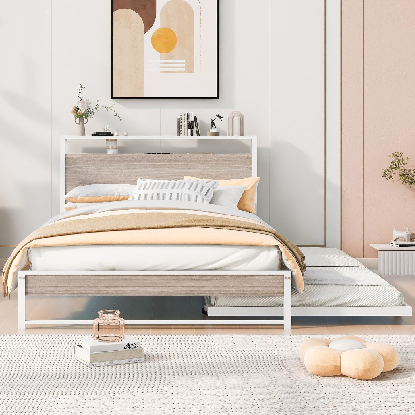 Full Size Metal Platform Bed Frame with Twin Size Trundle, Full Size Bed Frame with Storage Headboard, Outlet/USB Ports, Steel Slat Support, Full Bed Frame No Box Spring Needed for Bedroom, White
