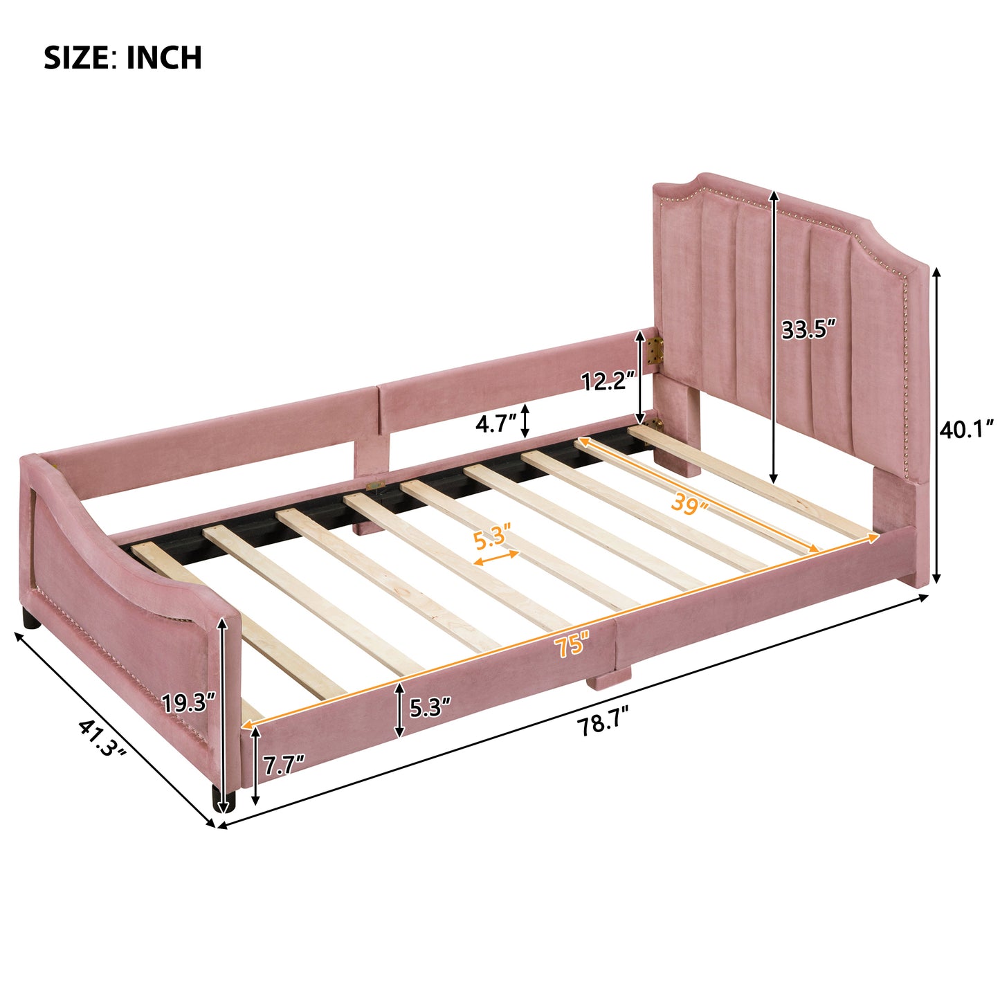iRerts Upholstered Twin Platform Bed Frame, Velvet Twin Daybed Frame with Classic Stripe Shaped Headboard and Footboard, Wood Twin Size Sofa Bed for Kids Girls Boys, No Box Spring Needed, Pink