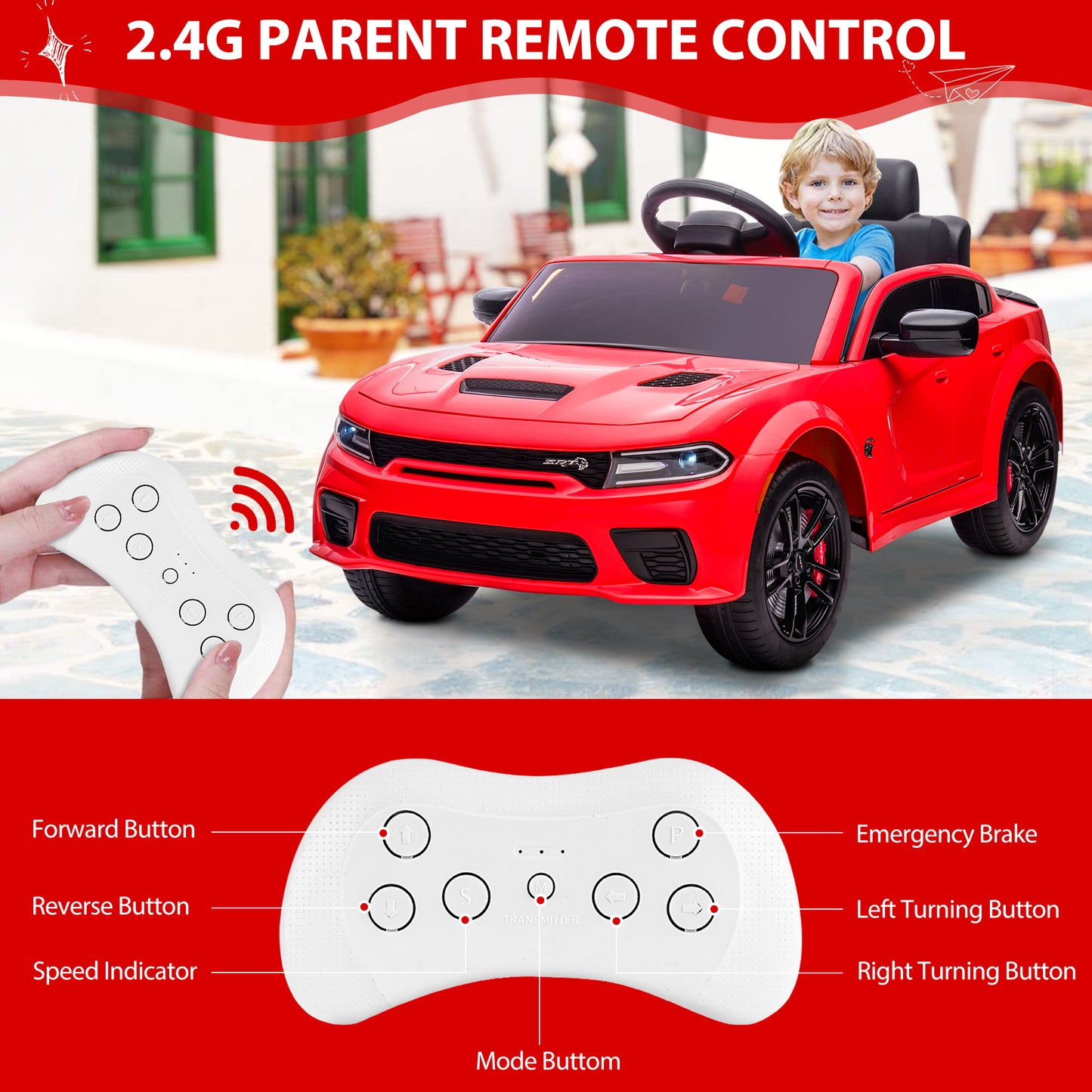 Kids Electric Cars With Remote Control, Licensed Dodge Charger 12V Ride on Cars for Boys Girls, Battery Powered Ride on Toys with Bluetooth, USB, MP3, 4 Wheel Suspension, Red