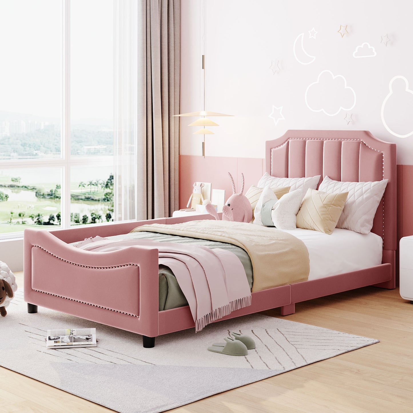 iRerts Upholstered Twin Platform Bed Frame, Velvet Twin Daybed Frame with Classic Stripe Shaped Headboard and Footboard, Wood Twin Size Sofa Bed for Kids Girls Boys, No Box Spring Needed, Pink