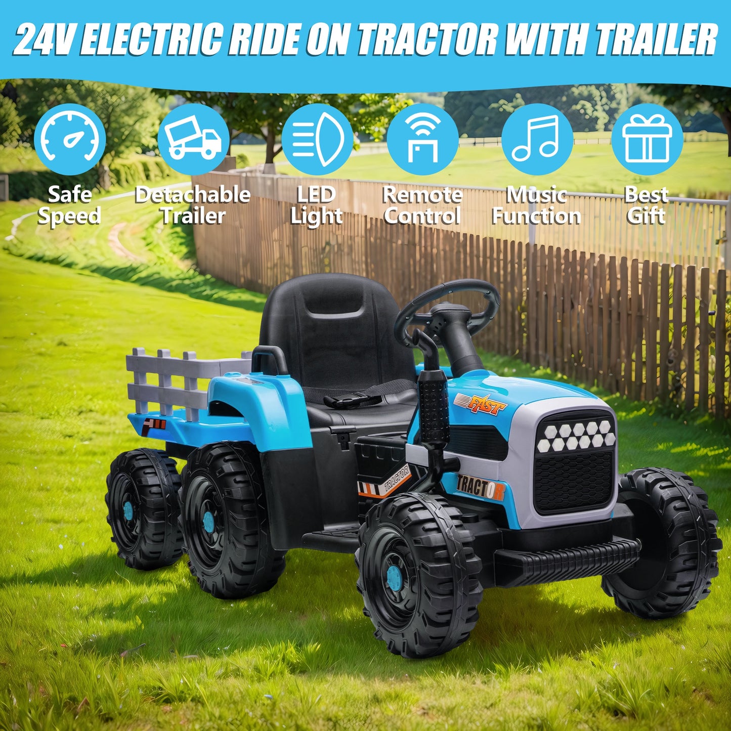Powered Ride on Toy Tractor, 24V Kids Ride on Car with Remote Control, Electric Vehicles for Kids Toddlers 3-6 Years with 3 Speeds, Bluetooth, Music Player, LED Light, Rear Wheel Suspension, Blue