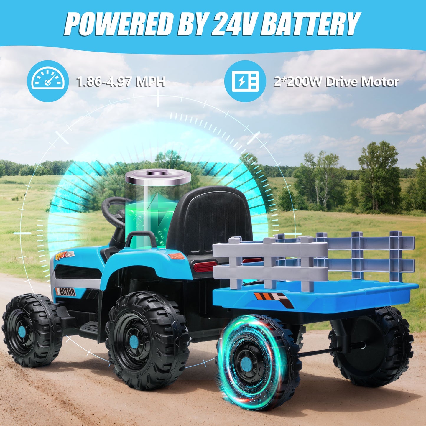 Powered Ride on Toy Tractor, 24V Kids Ride on Car with Remote Control, Electric Vehicles for Kids Toddlers 3-6 Years with 3 Speeds, Bluetooth, Music Player, LED Light, Rear Wheel Suspension, Blue