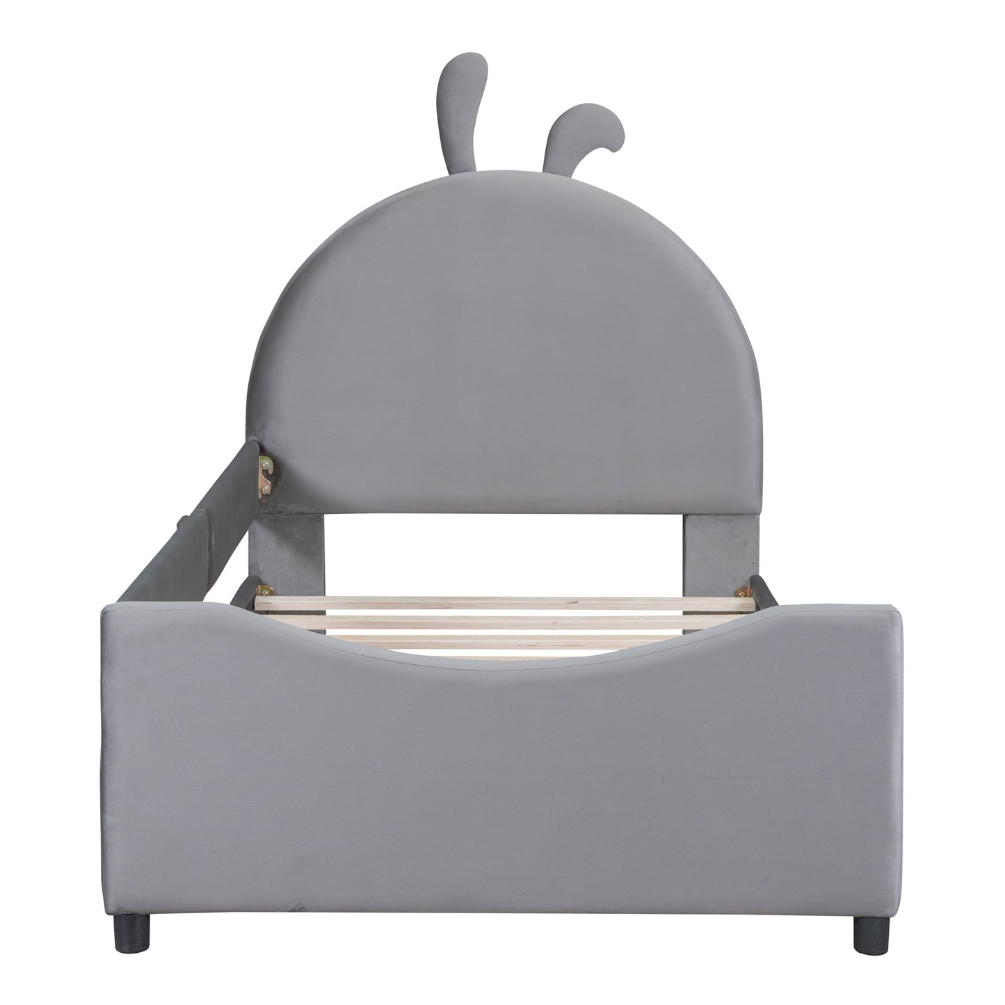 iRerts Upholstered Twin Daybed Frame for Kids, Velvet Twin Platform Bed Frame with Rabbit Ear Shaped Headboard and Footboard, Wood Twin Size Sofa Bed for Girls Boys, Gray