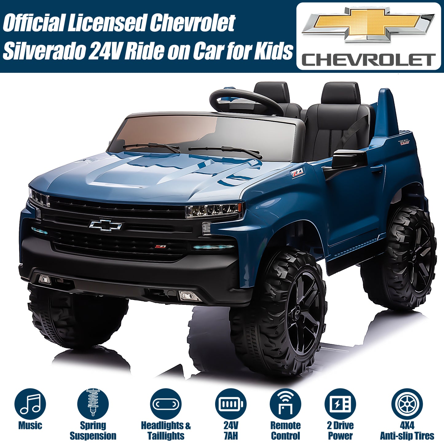 2 Seater 24V Ride on Cars with Remote Control, Licensed Chevrolet Silverado Kids Ride on Truck for Boys Girls Birthday Christmas Gifts, Battery Powered Kids Electric Cars with LED Lights, Music, Blue