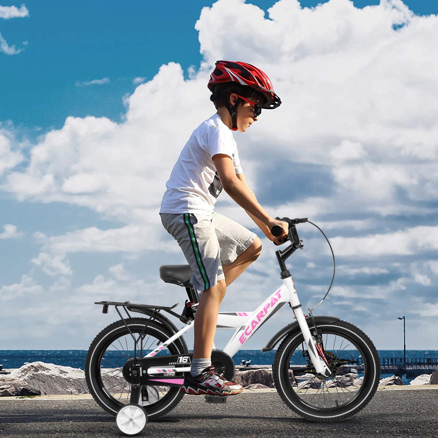 iRerts Kids Bike with Training Wheels, 14 Inch Kids Bicycle for Boys Girls Ages 3-5 Years Old, Boys Bicycles for Kids with Adjustable Seat, Fender and Varrier, White