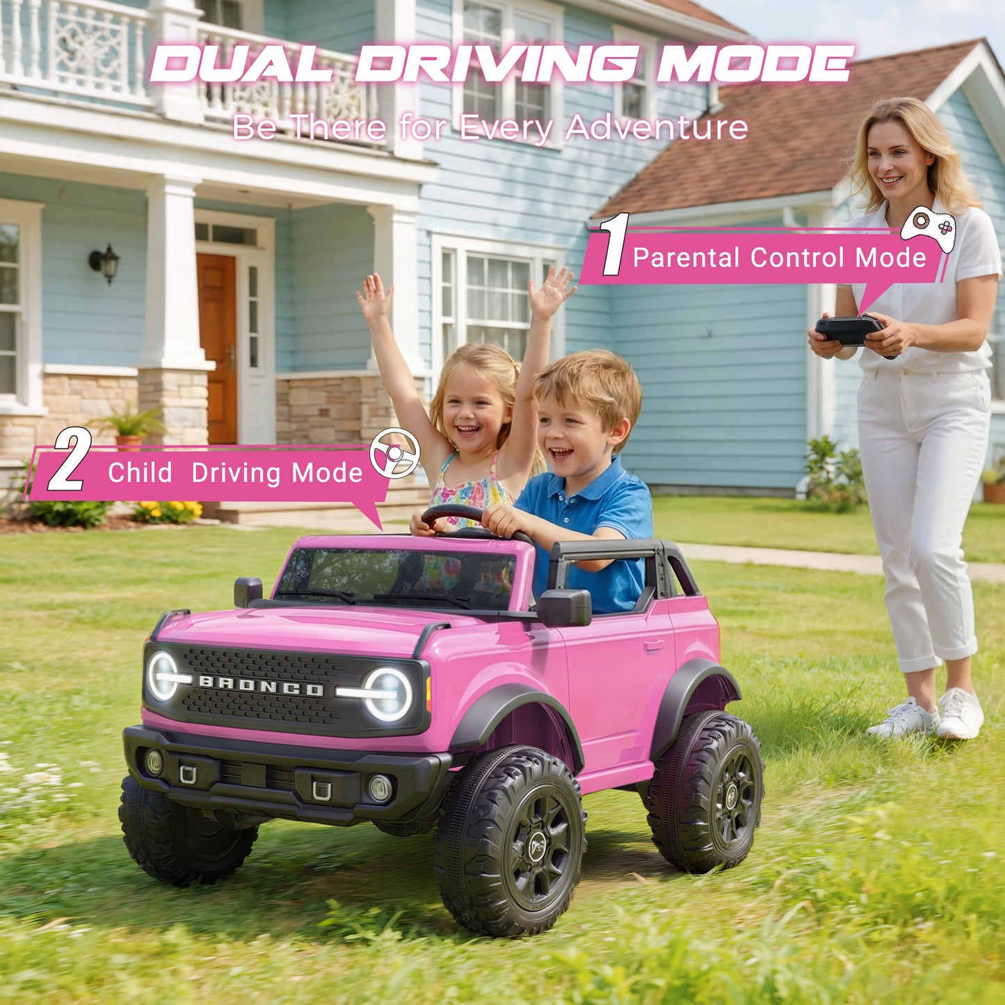 iRerts 2 Seater Ride on Cars, Licensed Ford Bronco Base 24V Ride on Toys for Big Kids Ages 3-8, Powered Kids Car Electric Vehicle with Remote Control, Bluetooth, LED Lights, 4 Wheel Suspension, Pink