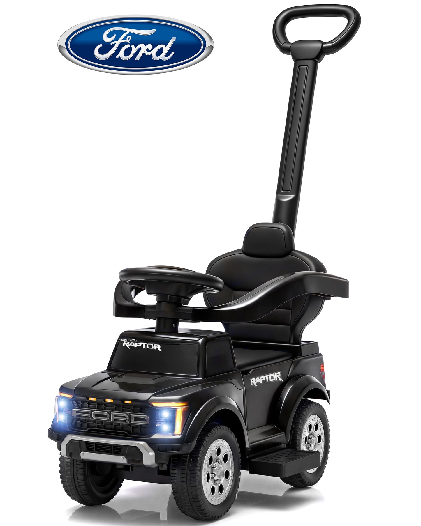 Push Car for Toddlers 1-3, Licensed Ford F-150 3-in-1 Kids Ride on Toy with Parent Push Handle, Foot to Floor Sliding Car with Horn & Lights, Under Seat Storage, Black