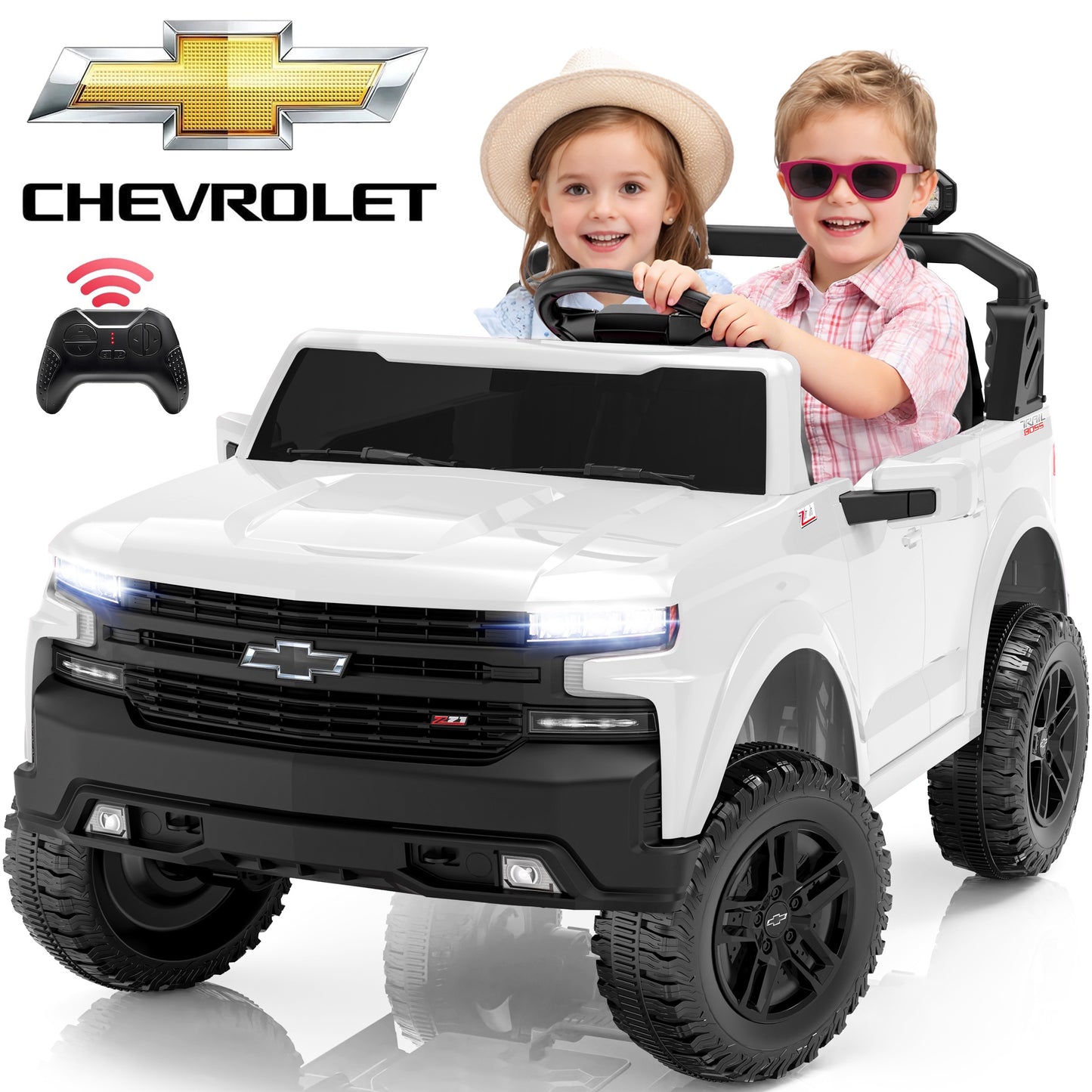 24V Powered Ride on Toys Car, Licensed Chevrolet Silverado 2 Seater Ride on Cars with Remote Control, Spring Suspension, LED Lights, Bluetooth Music, Toddler Electric Car for Kids Ages 3+, White