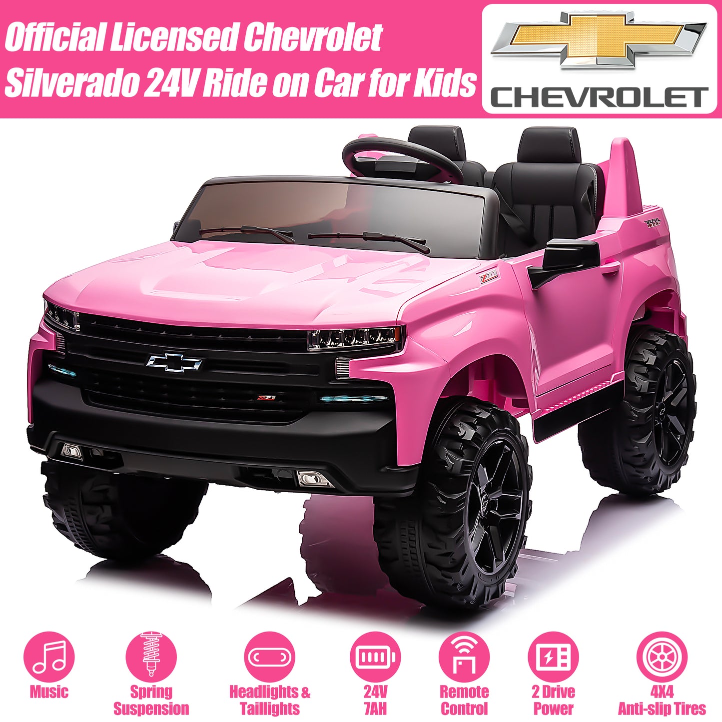 2 Seater 24V Ride on Cars with Remote Control, Licensed Chevrolet Silverado Kids Ride on Truck for Boys Girls Birthday Christmas Gifts, Battery Powered Kids Electric Cars with LED Lights, Music, Pink