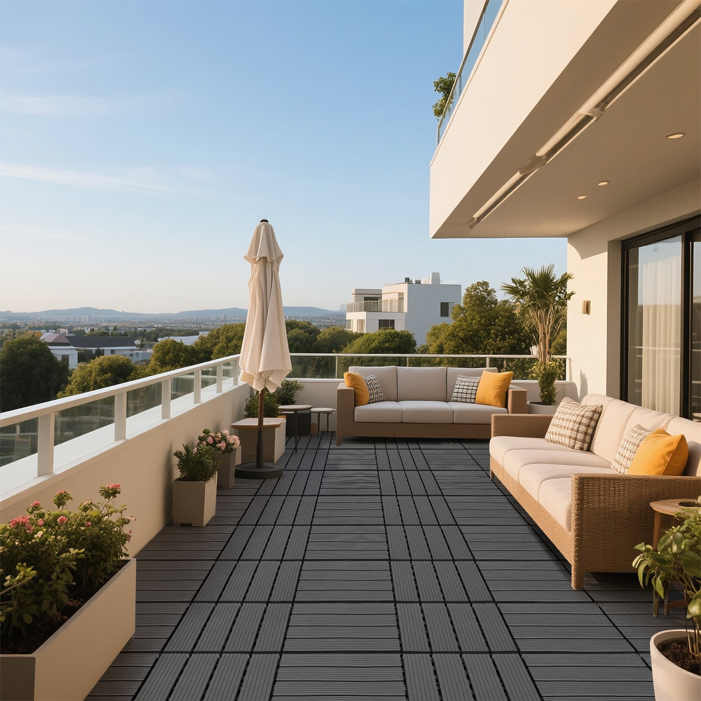 iRerts Plastic Interlocking Deck Tiles, 44 Pack Outdoor Flooring Tiles 12" x 12", All Weather Use, Patio Floor Decking Tiles for Porch Poolside Balcony Backyard, Gray