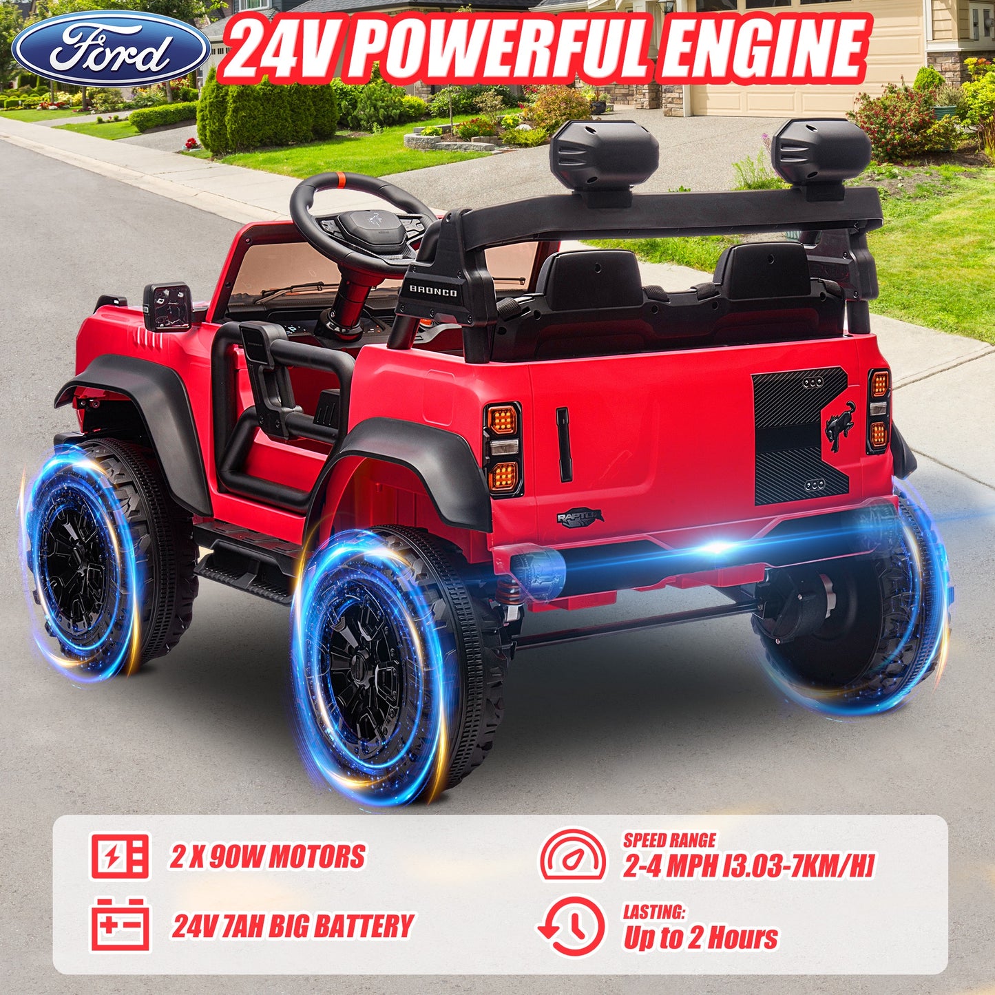 24V 2 Seater Ride on Toy Car, Licensed Ford Bronco Raptor Ride on Trucks with Remote Control, Bluetooth Music Player, Spring Suspension, Battery Powered Electric Car for Kids Boys Girls Ages 3-8, Red