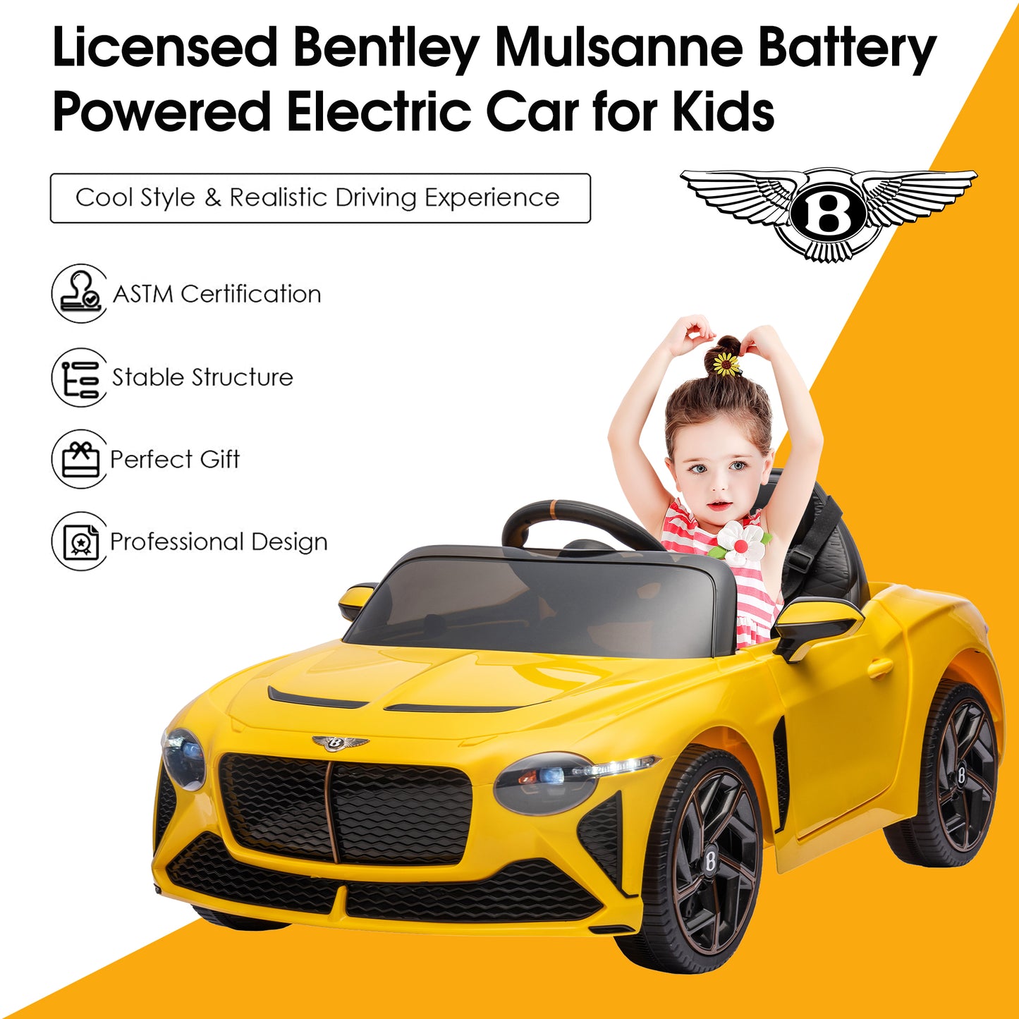 Kids Electric Car for Boys Girls Gift, Licensed Bentley Mulsanne 12V Ride On Cars with Remote Control, Battery Powered Ride On Toys with Bluetooth, USB, MP3, LED Light, Yellow