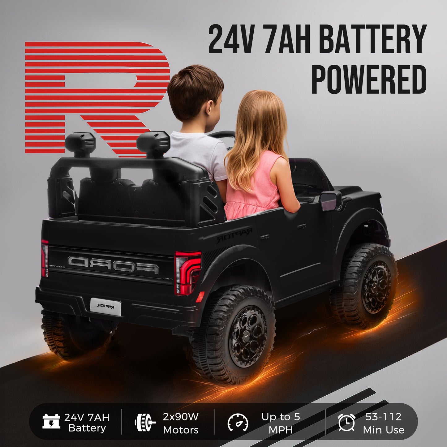 iRerts 24V Ride on Toys for Big Kids, Licensed Ford F 150 Raptor 2 Seater Ride on Cars with Remote Control, Bluetooth, FM Radio, LED Lights, 4 Wheels Suspension, Electric Car for Kids Ages 3-8, Black