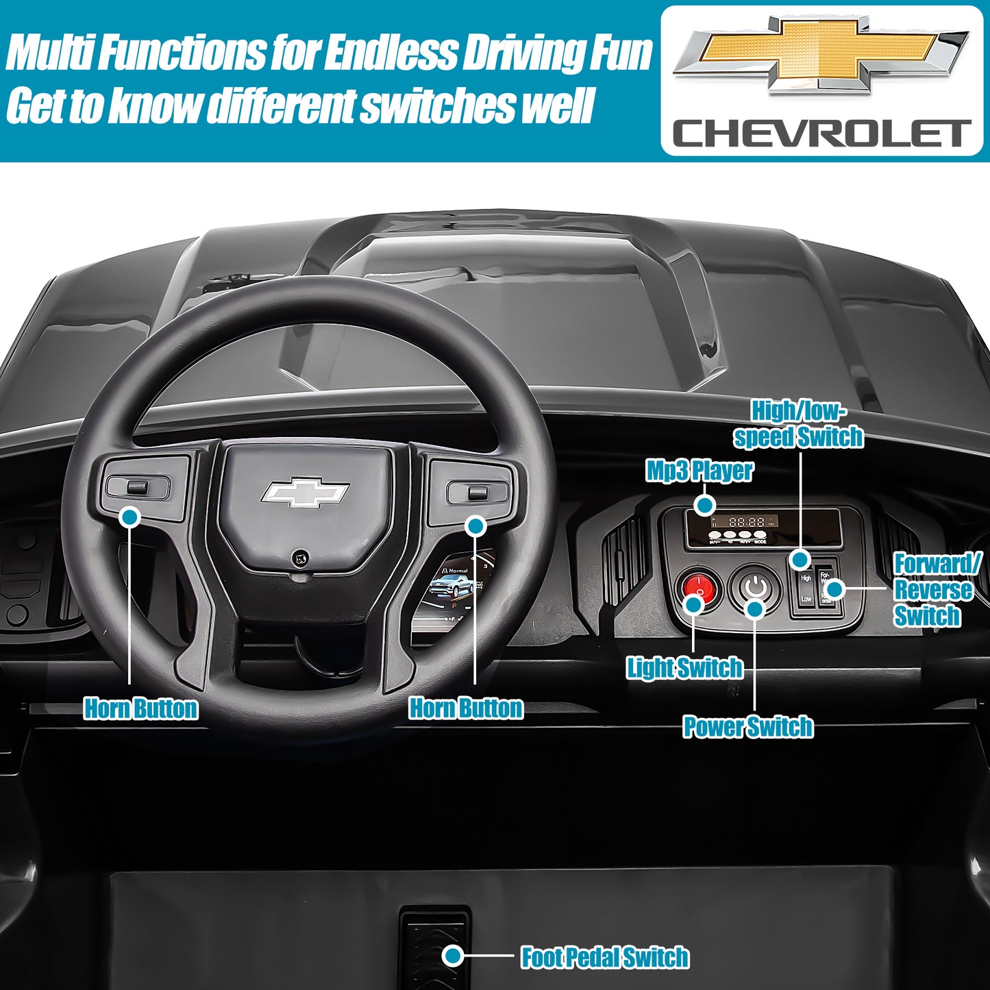 2 Seater 24V Ride on Cars with Remote Control, Licensed Chevrolet Silverado Kids Ride on Truck for Boys Girls Birthday Christmas Gifts, Battery Powered Kids Electric Cars with LED Lights, Music, Black