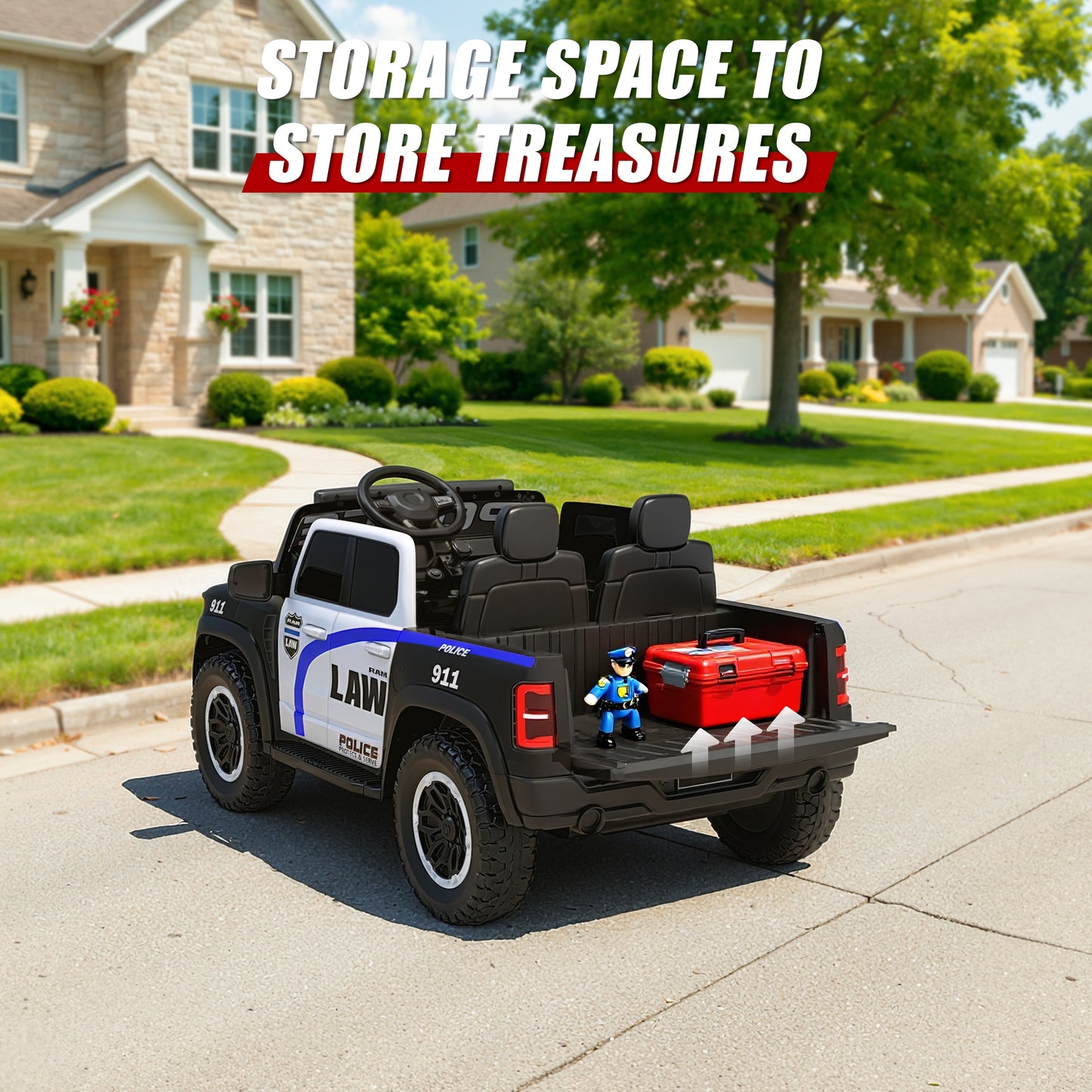 24V Licensed RAM 1500 Ride on Police Car for Kids, 2 Seater Ride on Car with Parent Remote Control, Bluetooth, LED Lights, Siren, Rear Storage, 4-Wheel Suspension, Ages 3-8, Black