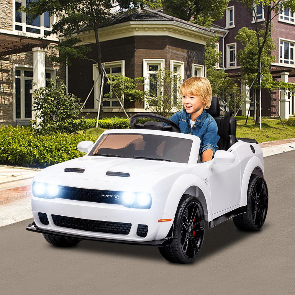 Kids Electric Car, Licensed Dodge Challenger 12V Ride On Cars with Remote Control, Kids Ride on Toys with Bluetooth, LED Light, USB, MP3, Kids Electric Vehicles for Boys Girls Birthday Gifts, White