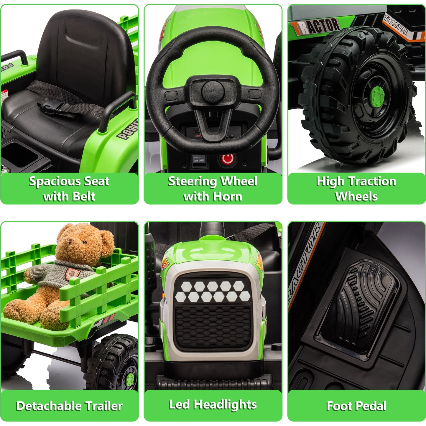 Powered Ride on Toy Tractor, 24V Kids Ride on Car with Remote Control, Electric Vehicles for Kids Toddlers 3-6 Years with 3 Speeds, Bluetooth, Music Player, LED Light, Rear Wheel Suspension, Green