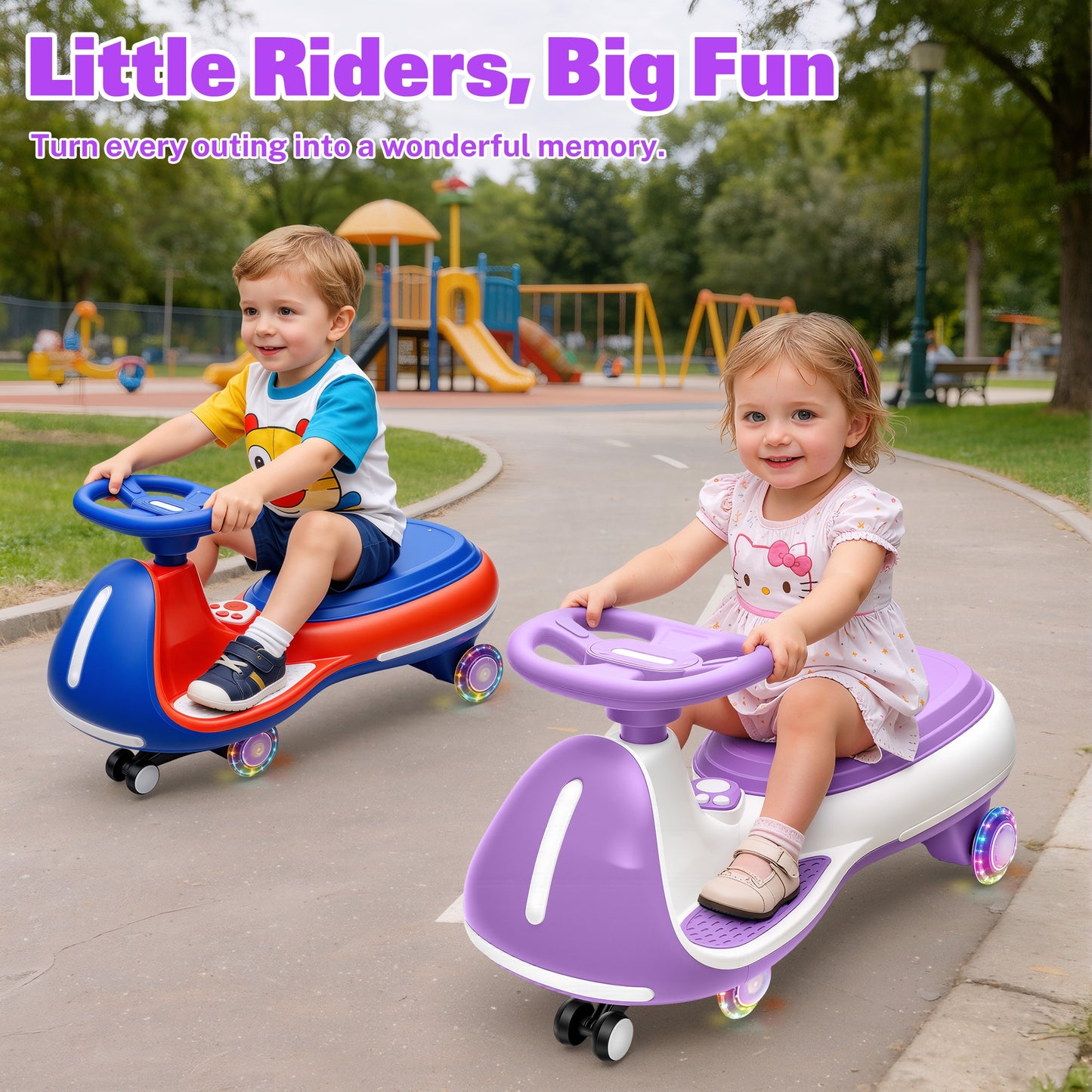 iRerts 12V Ride on Toys, Electric Ride on Wiggle Car with Pedal, 2 in 1 Swing Car Kids Wiggle Car for Toddlers Ages 3+, Kids Cars with Flashing PU Wheels, Bluetooth Music, 5MPH Max Speed, Purple