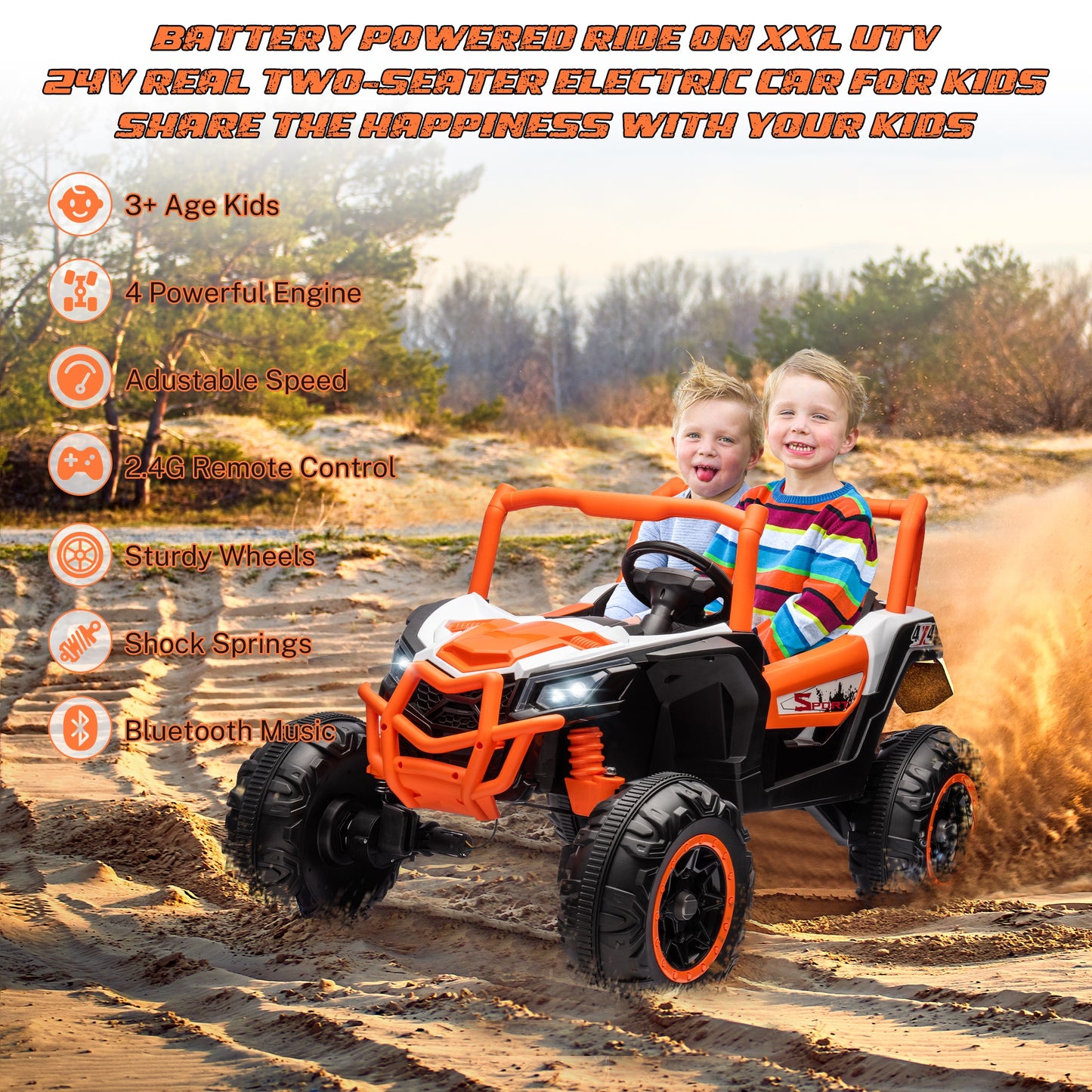 iRerts 24V Ride on UTV Cars 2 Seater, Kids Electric Ride on Toy Car with Remote Control, Music, LED Light, USB, Bluetooth, Kids Electric Vehicle for Christmas Birthday Gifts, Orange