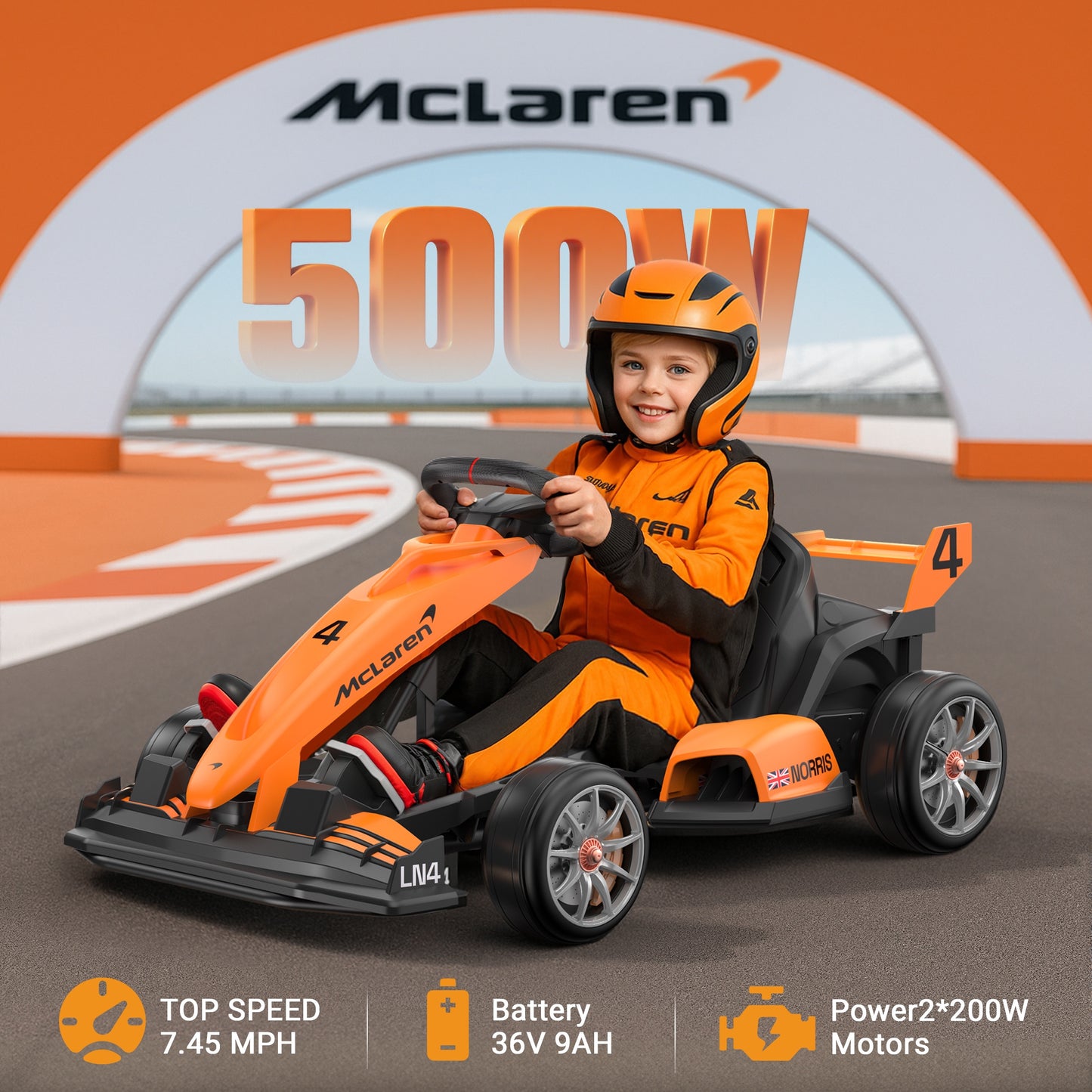 24V Go Kart for Kids Ages 6+, Licensed McLaren Electric Drift Kart Car Ride on Toys for Big Kids, Crazy Go Cart with Dual 250W Motors, Adjustable Seat, 7.5MPH, LED Lights