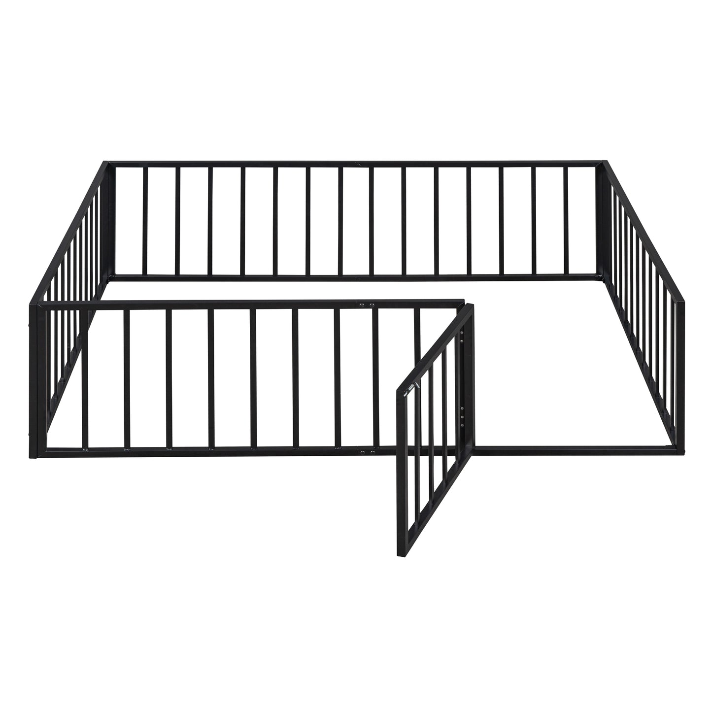 iRerts Full Floor Bed Frame, Metal Full Size Montessori Floor Bed Frame with Fence and Door, Kids Toddler Floor Bed Frame Full Size for Girls Boys, Twin Bed Frame without Bed Slats, Black
