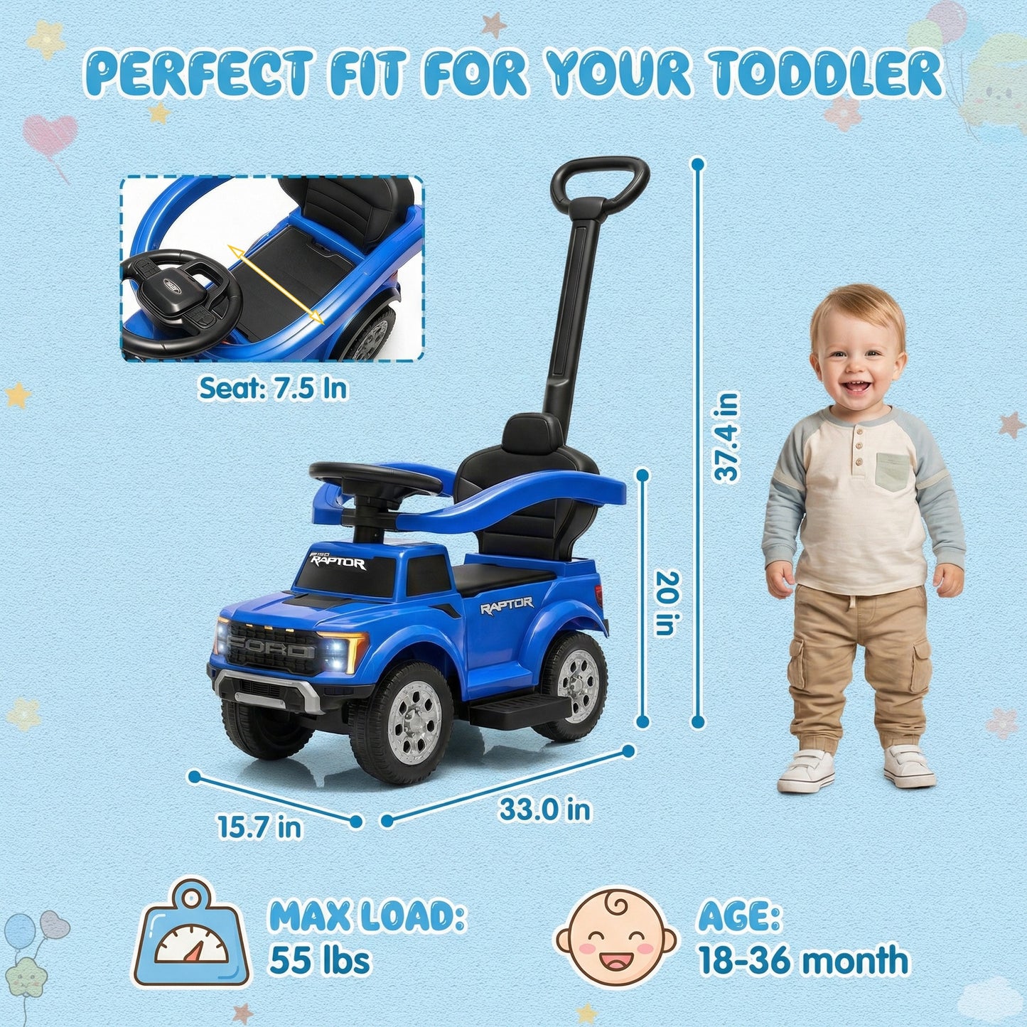 Push Car for Toddlers 1-3, Licensed Ford F-150 3-in-1 Kids Ride on Toy with Parent Push Handle, Foot to Floor Sliding Car with Horn & Lights, Under Seat Storage, Blue
