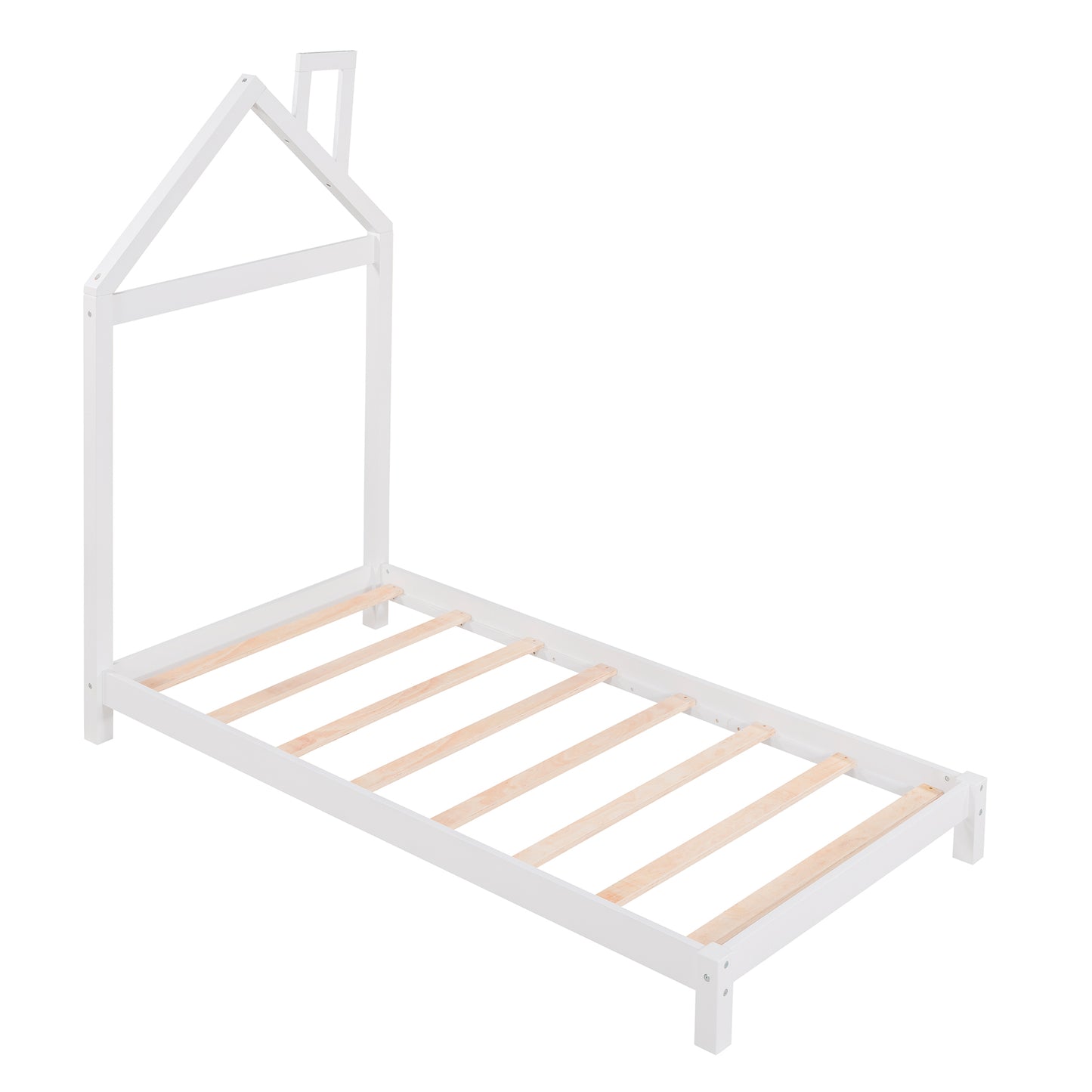 iRerts Wood Twin Platform Bed, Twin Size Bed Frame for Kids Toddlers Boys Girls, Twin Bed Frame with House Shaped Headboard, Twin Size Bed Frame No Box Spring Needed for Bedroom, White