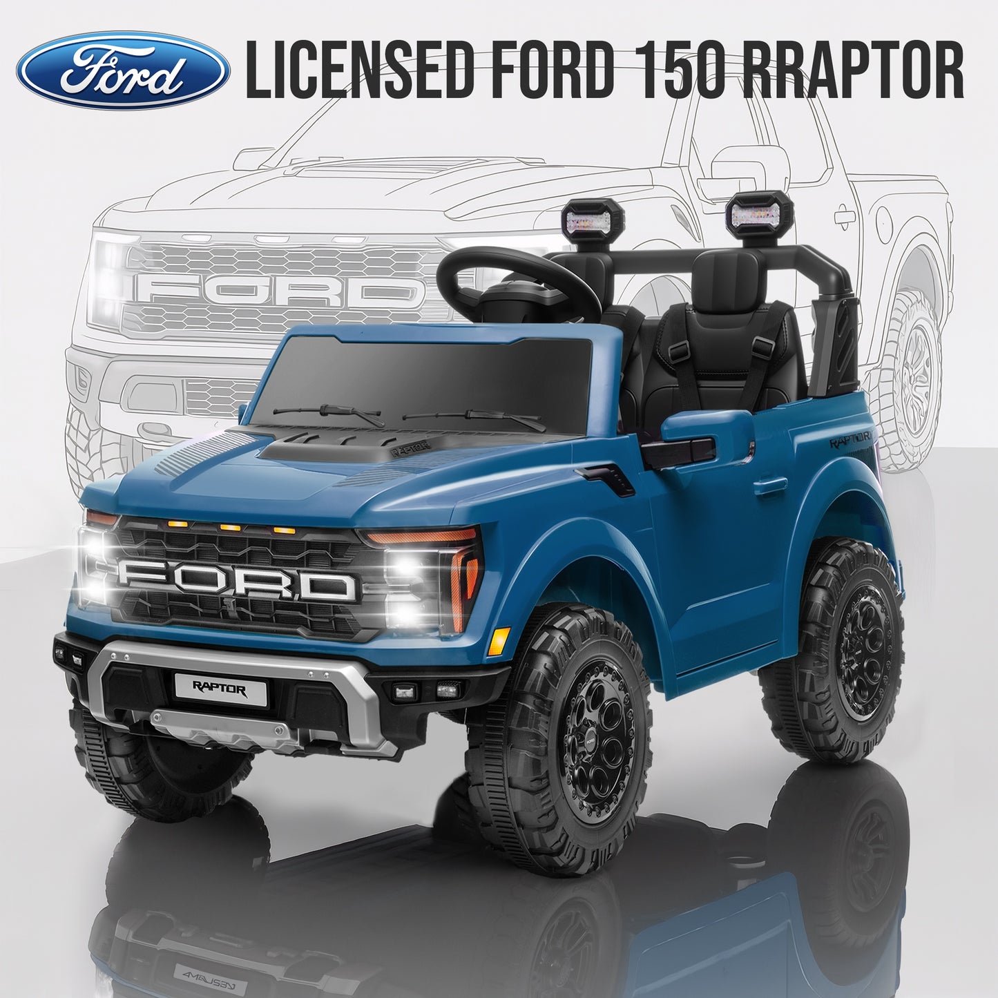 iRerts 24V Ride on Toys for Big Kids, Licensed Ford F 150 Raptor 2 Seater Ride on Cars with Remote Control, Bluetooth, FM Radio, LED Lights, 4 Wheels Suspension, Electric Car for Kids Ages 3-8, Blue