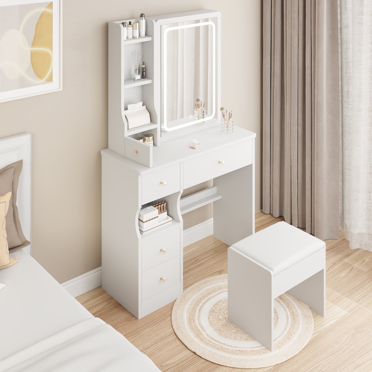 iRerts Vanity Desk with Chair, Makeup Vanity Set with LED Mirror, 3 Lighting Modes Brightness Adjustable, Shelf and Drawers, Makeup Vanity Desk Dressing Table Set for Bedroom Small Space, White
