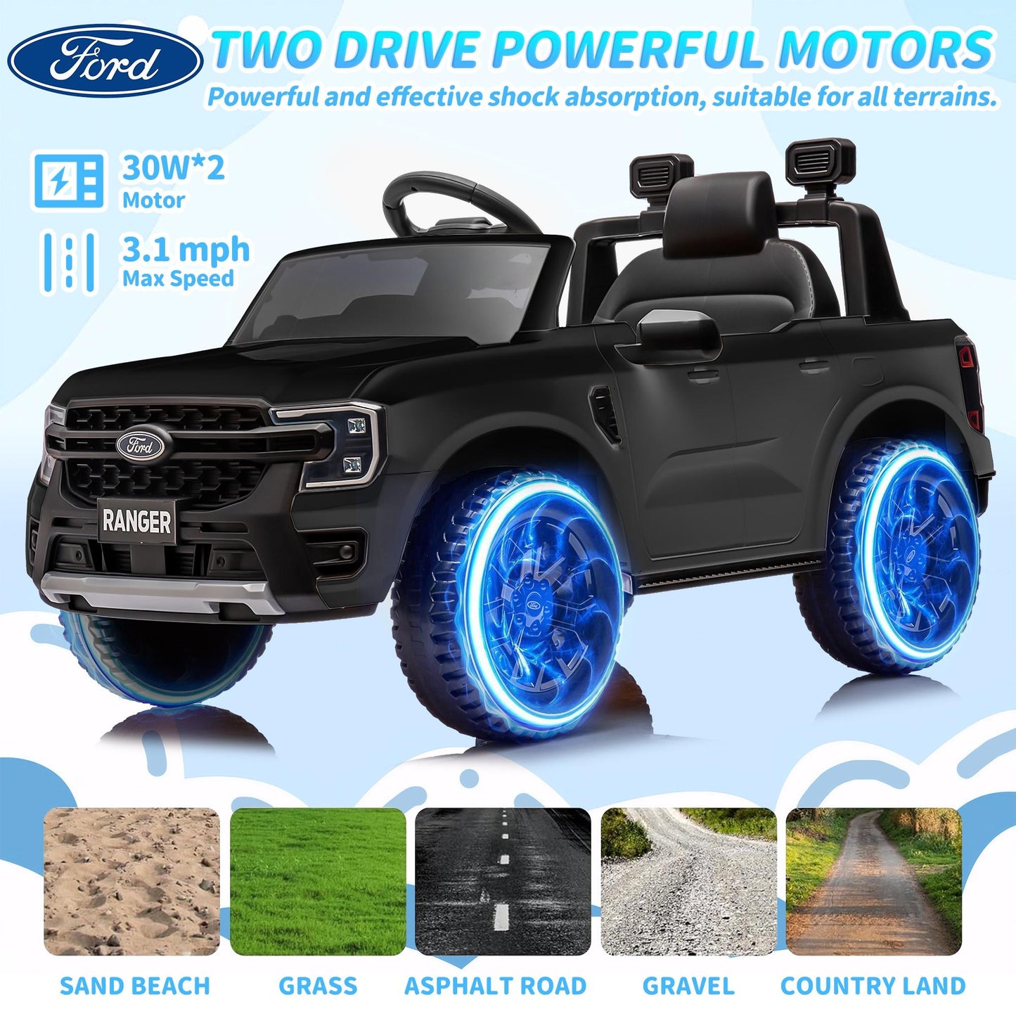 12V Ride on Cars with Remote Control, Ford Ranger Electric Cars for Kids with Bluetooth, Music, USB Port, Horn, LED Lights, Battery Powered Ride on Toys for Kids Boys Girls 3-6 Ages Gifts, Black