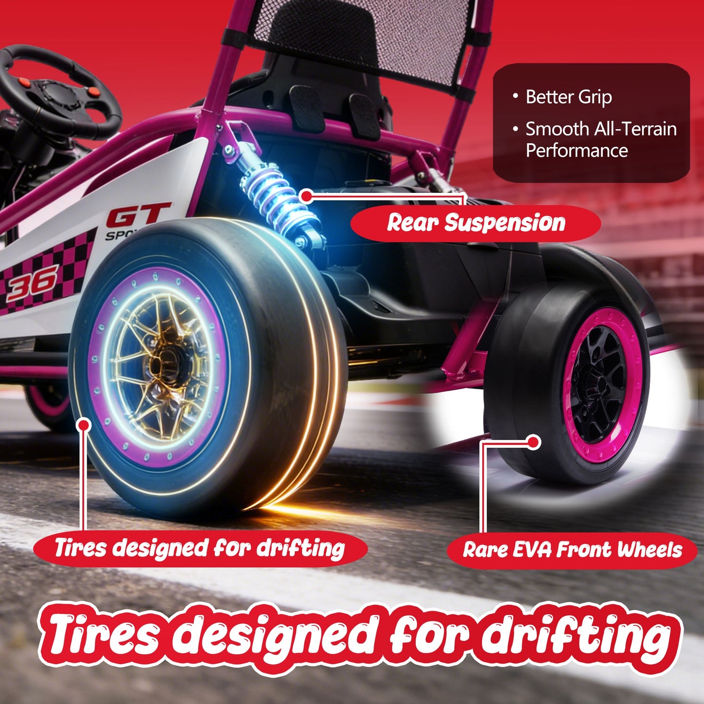 24V Powered Ride on Toys, iRerts Electric Go Kart with Drift Mode, Bluetooth Music, EVA Front Tires, Rear Wheel Suspension, Max Speed 7.5 MPH, Crazy Go Cart Electric Car for Kids 6-12 Ages, Rose Pink