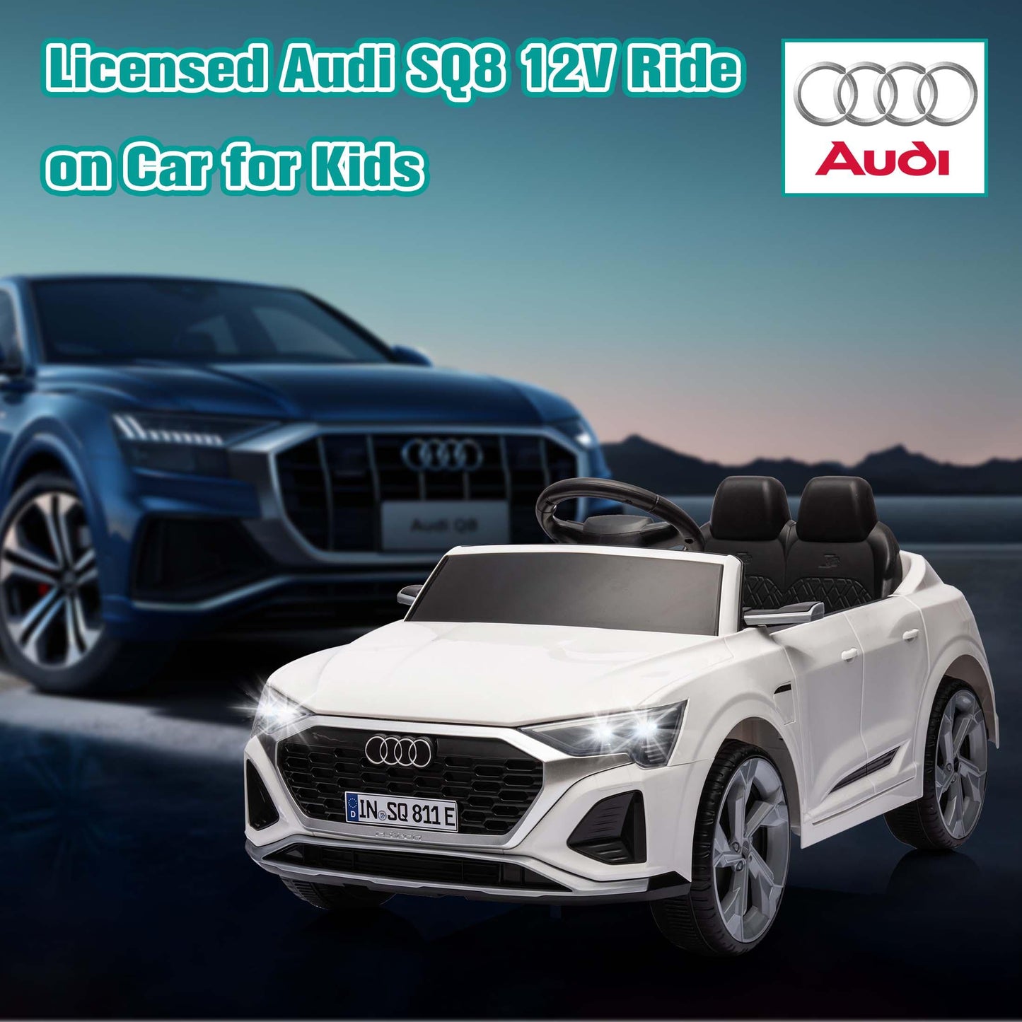 Ride on Toy Car Kids for Boys Girls, Licensed Audi SQ8 12V Ride on Cars with Remote Control, Battery Powered Electric Vehicle Car for Kids with Music, LED Lights, 3 Speed, 4 Wheeler, White