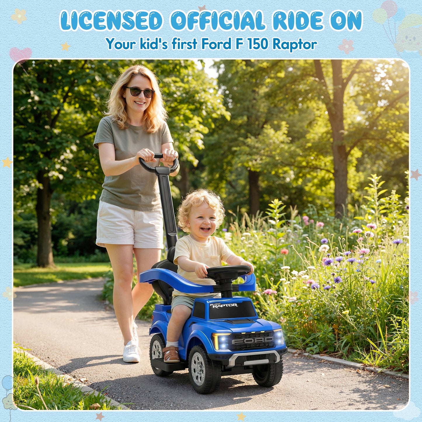 Push Car for Toddlers 1-3, Licensed Ford F-150 3-in-1 Kids Ride on Toy with Parent Push Handle, Foot to Floor Sliding Car with Horn & Lights, Under Seat Storage, Blue