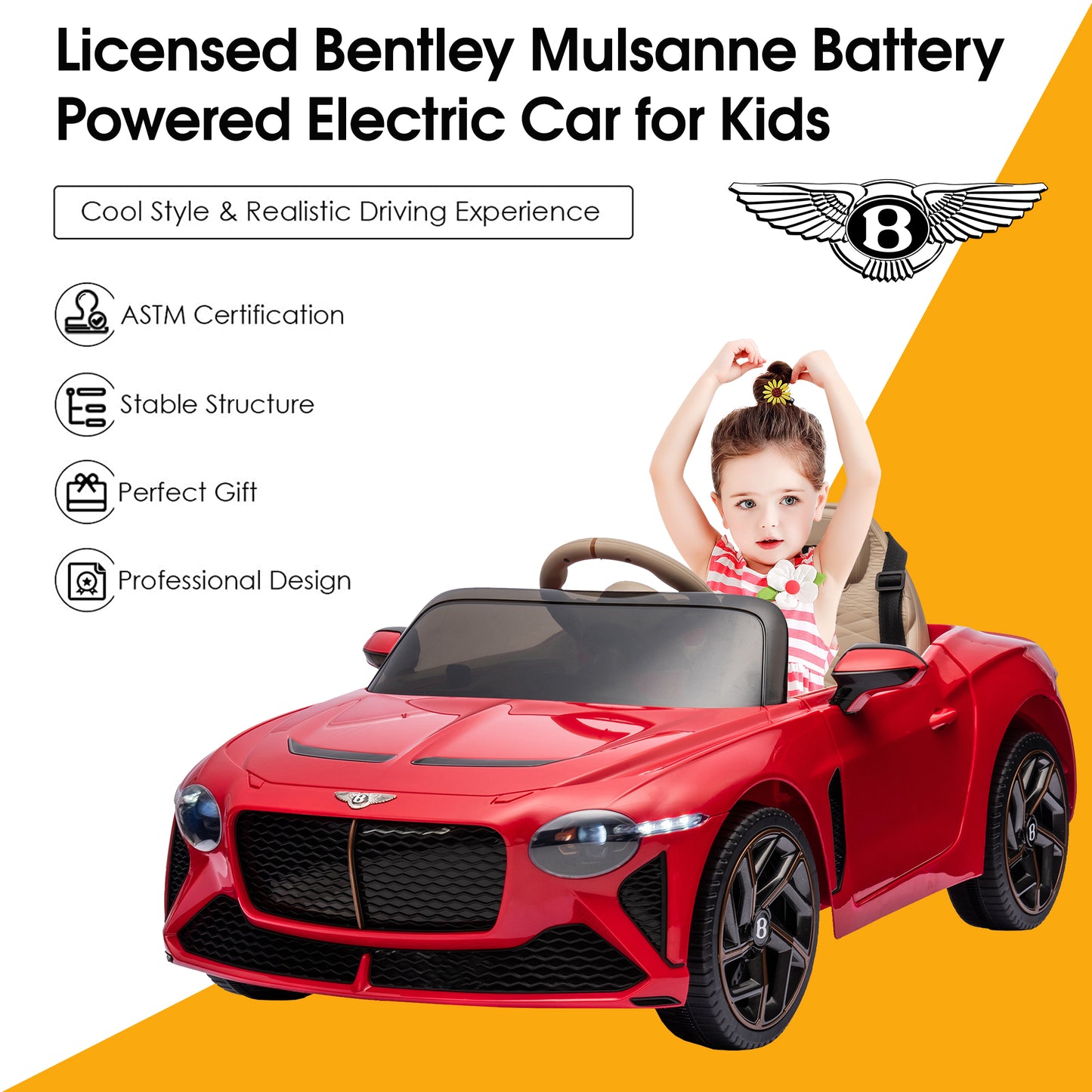 12V Ride On Car with Remote Control, Licensed Bentley Mulsanne Kids Electric Car with Bluetooth, Music, USB, MP3, LED Light, Battery Powered Electric Ride On Vehicle for Boy Girl Birthday Gift, Red