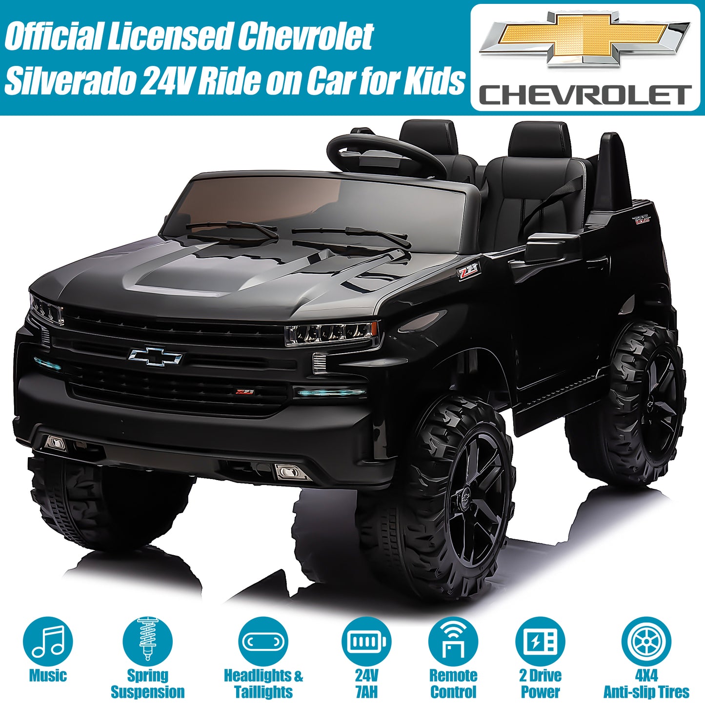 2 Seater 24V Ride on Cars with Remote Control, Licensed Chevrolet Silverado Kids Ride on Truck for Boys Girls Birthday Christmas Gifts, Battery Powered Kids Electric Cars with LED Lights, Music, Black
