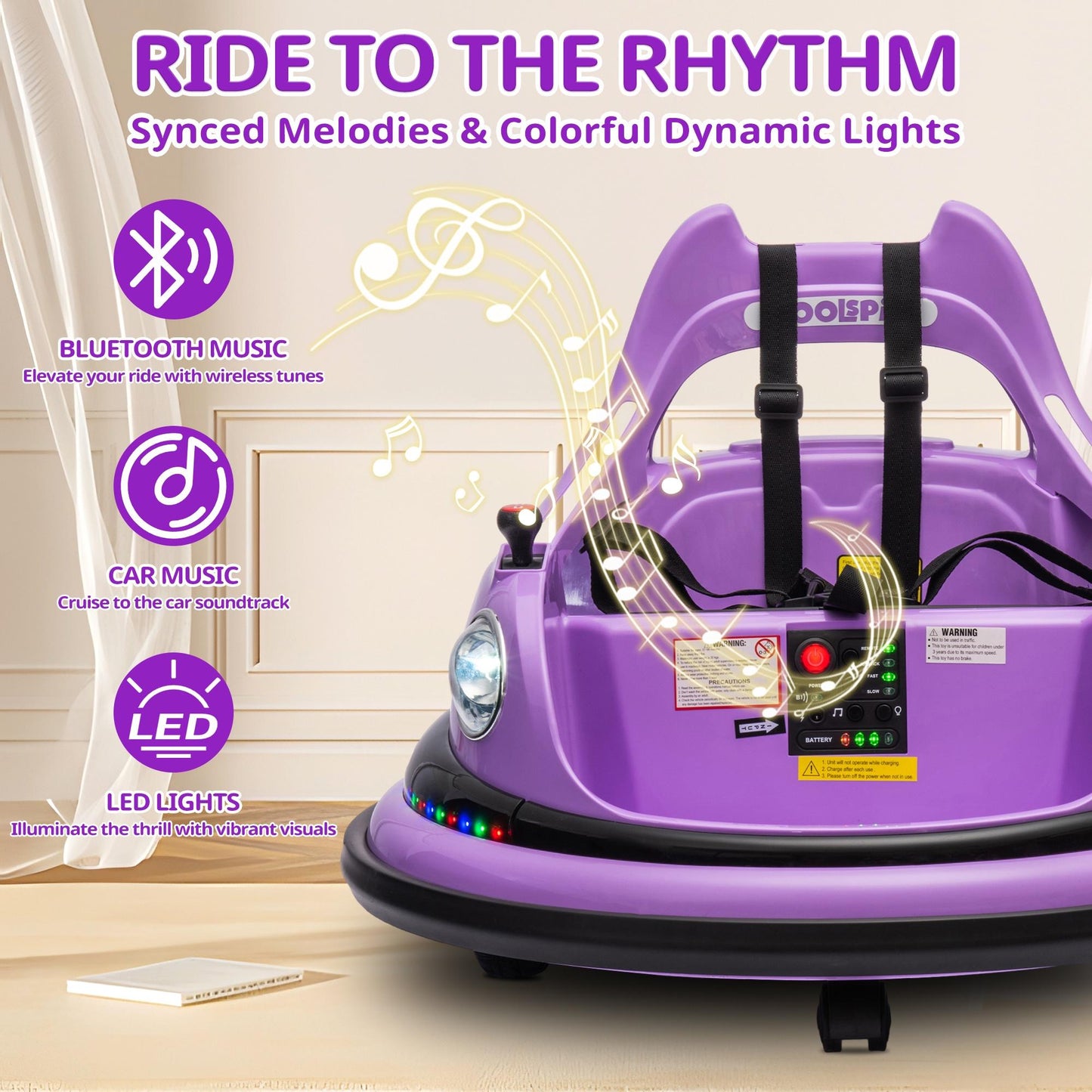 iRerts 12V Bumper Cars for Kids, Bumper Car Ride on with Remote Control, Battery Powered Kids Ride on Toys for 2-5 Year Old Boys Girls, Kids Electric Cars with Bluetooth, Music, LED Light, Purple