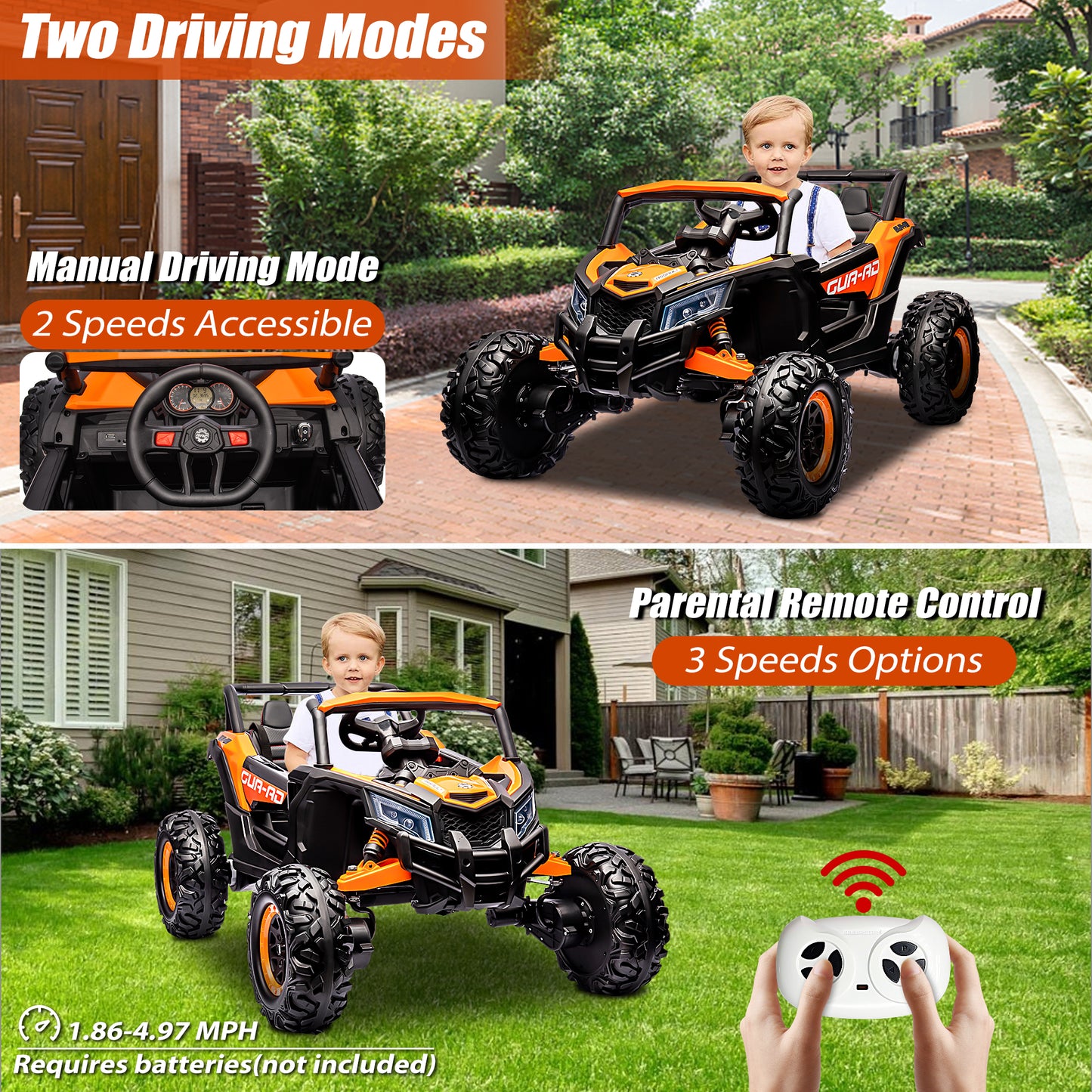 iRerts Orange 24V Battery Powered Ride on UTV Cars for Boys Girls, Kids Ride on Toys with Remote Control, Music, LED Light, USB, Bluetooth, Large Seat Kids Electric Vehicle for Christmas Birthday Gift