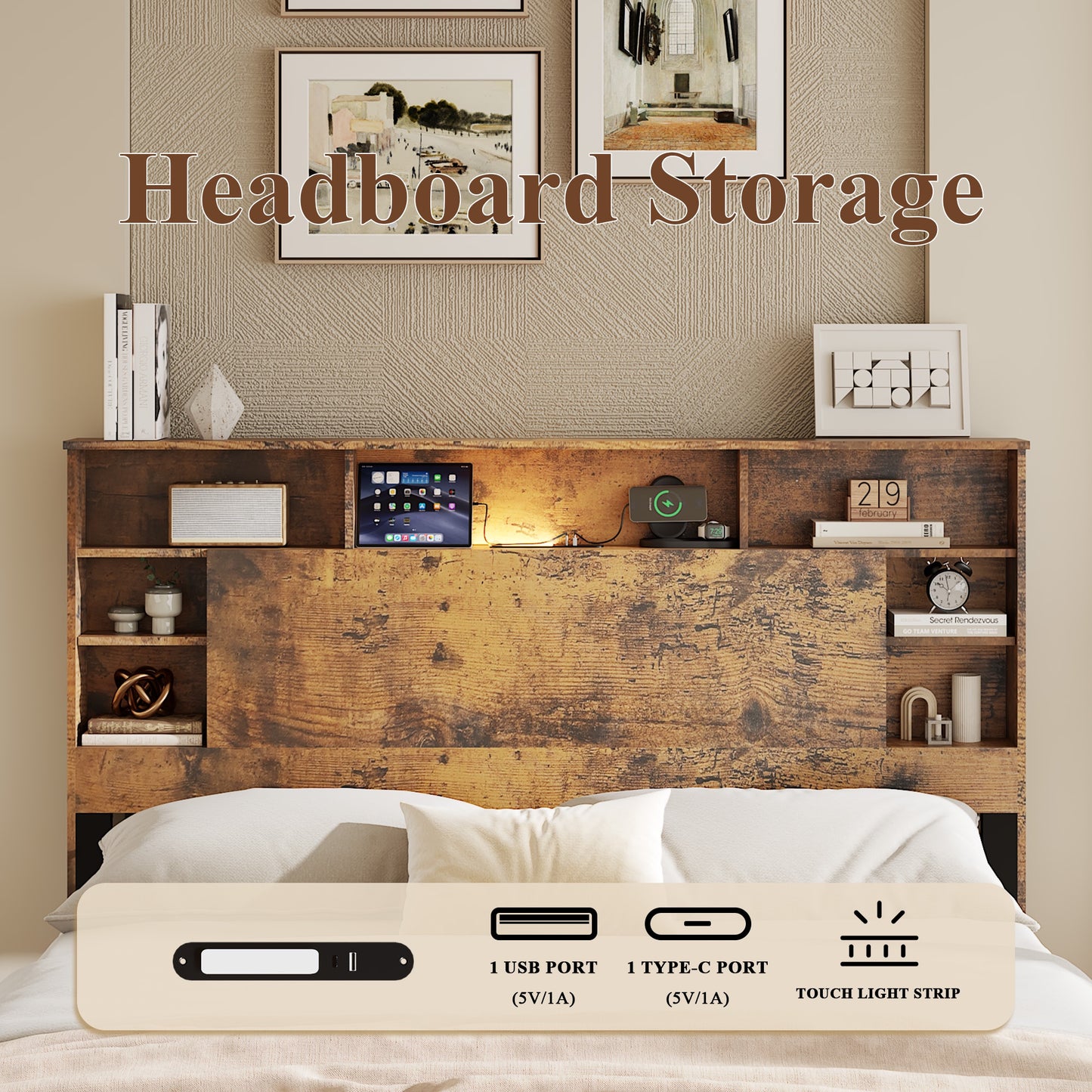 iRerts Wood Full Platform Bed Frame, Full Bed Frame with Storage Headboard, Charging Station, LED Lights, Full Bed Frame No Box Spring Needed, Dark Brown