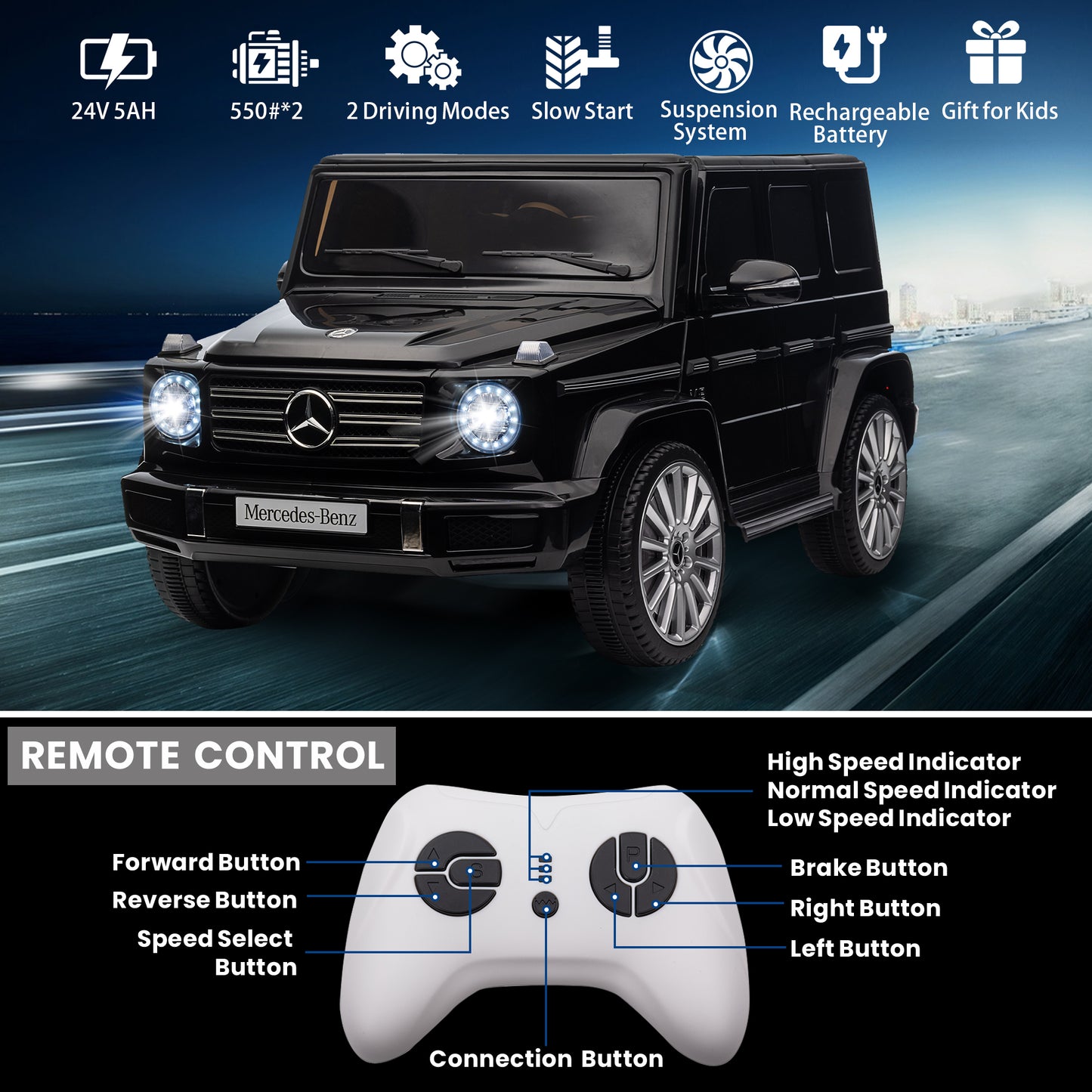 24V Ride On Cars with Remote Control, Licensed Mercedes Benz G500 Kids Electric Car for Boys Girls Gifts, Battery Powered Ride on Trucks Toys with Bluetooth, MP3, Music, Led Lights, USB, Black