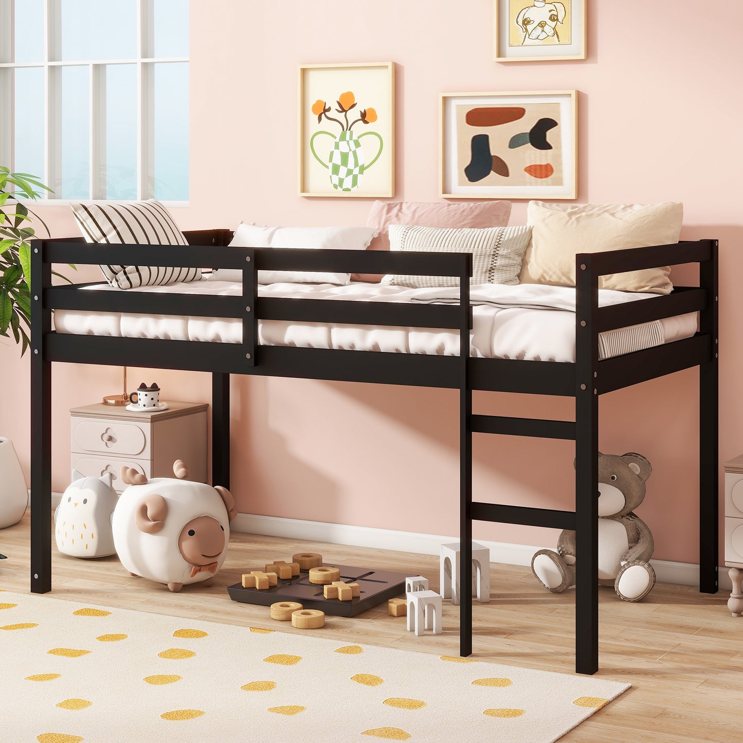 Twin Size Loft Bed Frame, Wood Loft Bed Frame for Kids Boys Girls, Twin Bed Frame Bedroom Furniture, No Box Spring Needed