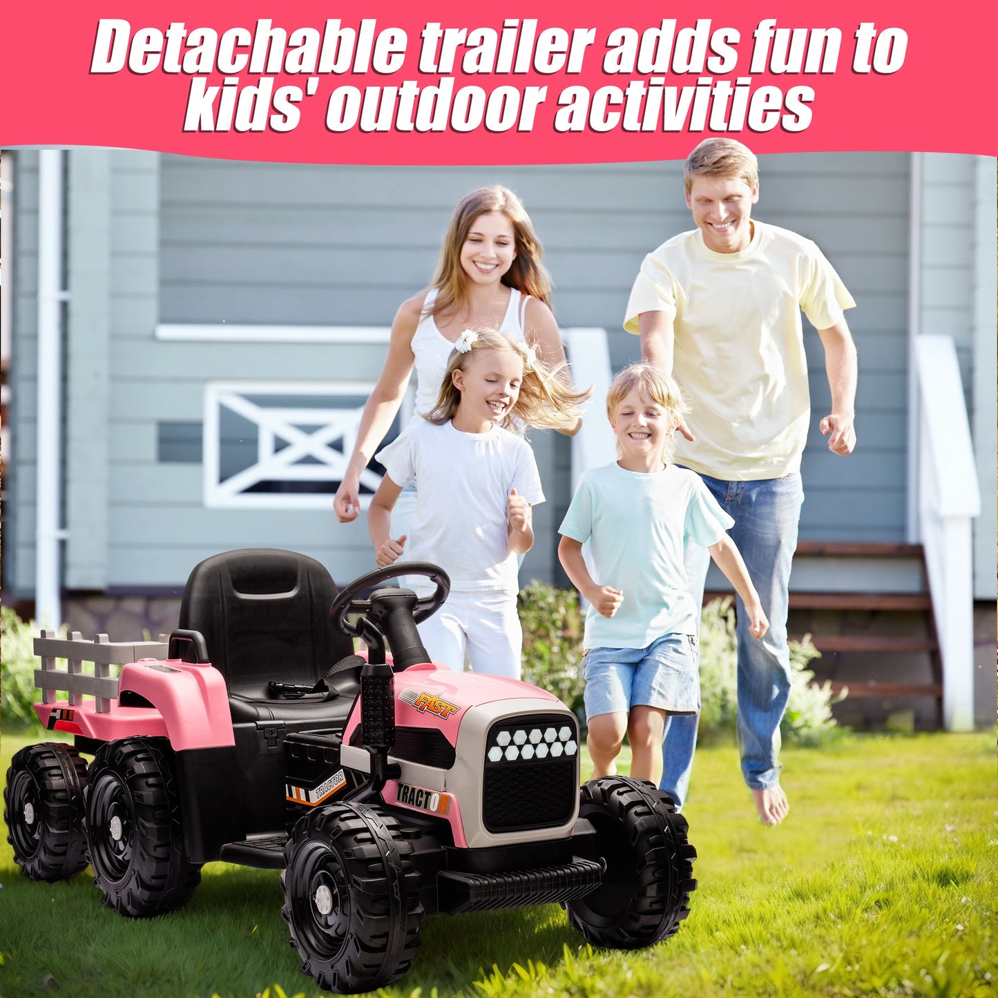 Powered Ride on Toy Tractor, 24V Kids Ride on Car with Remote Control, Electric Vehicles for Kids Toddlers 3-6 Years with 3 Speeds, Bluetooth, Music Player, LED Light, Rear Wheel Suspension, Pink