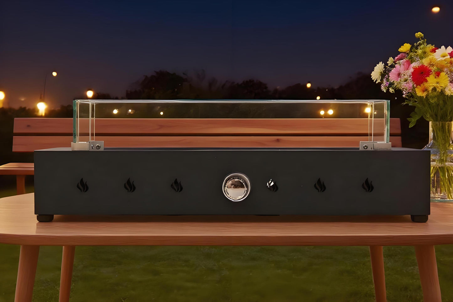 28-inch Propane Fire Pit, 40000 BTU Outdoor Tabletop Fireplace for Patio, Portable Rectangular Gas Firepit with Glass Beads, Wind Glass Shield, Black