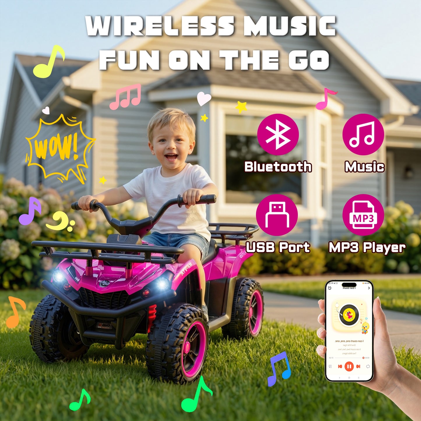 iRerts 24V Ride on ATV, Powered Ride on Toys for Kids Boys Girls Ages 3-5, Kids 4 Wheeler Electric Cars with Bluetooth, Music, LED Headlights, Front Rear Storage Racks, Crash Bars, Pink