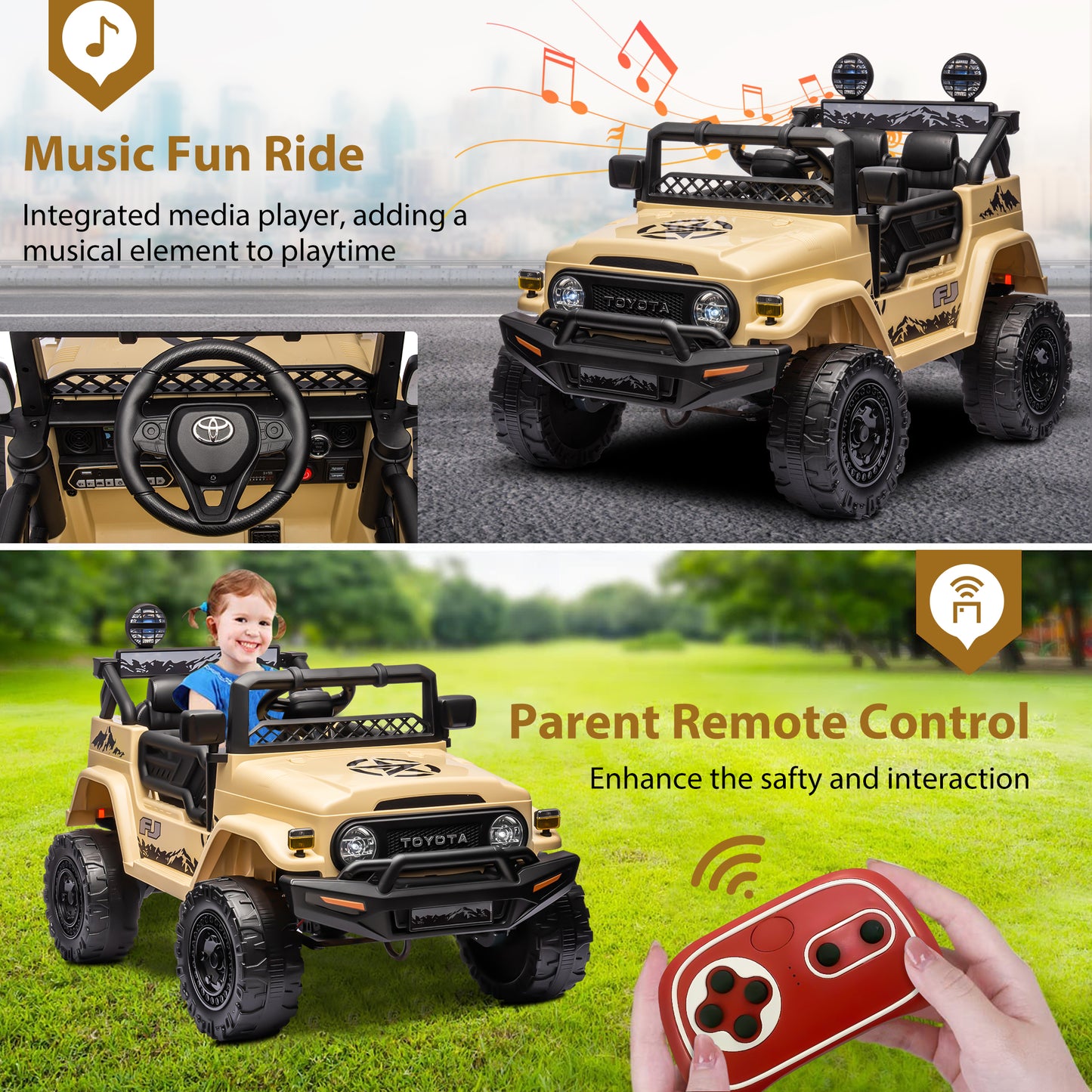 12V Ride on Cars with Remote Control, Licensed Toyota FJ Cruiser Ride on Trucks Vehicle with Bluetooth, Music, MP3/USB Port, Battery Powered Ride on Toys for Kids Boys Girls Birthday Gift, Yellow