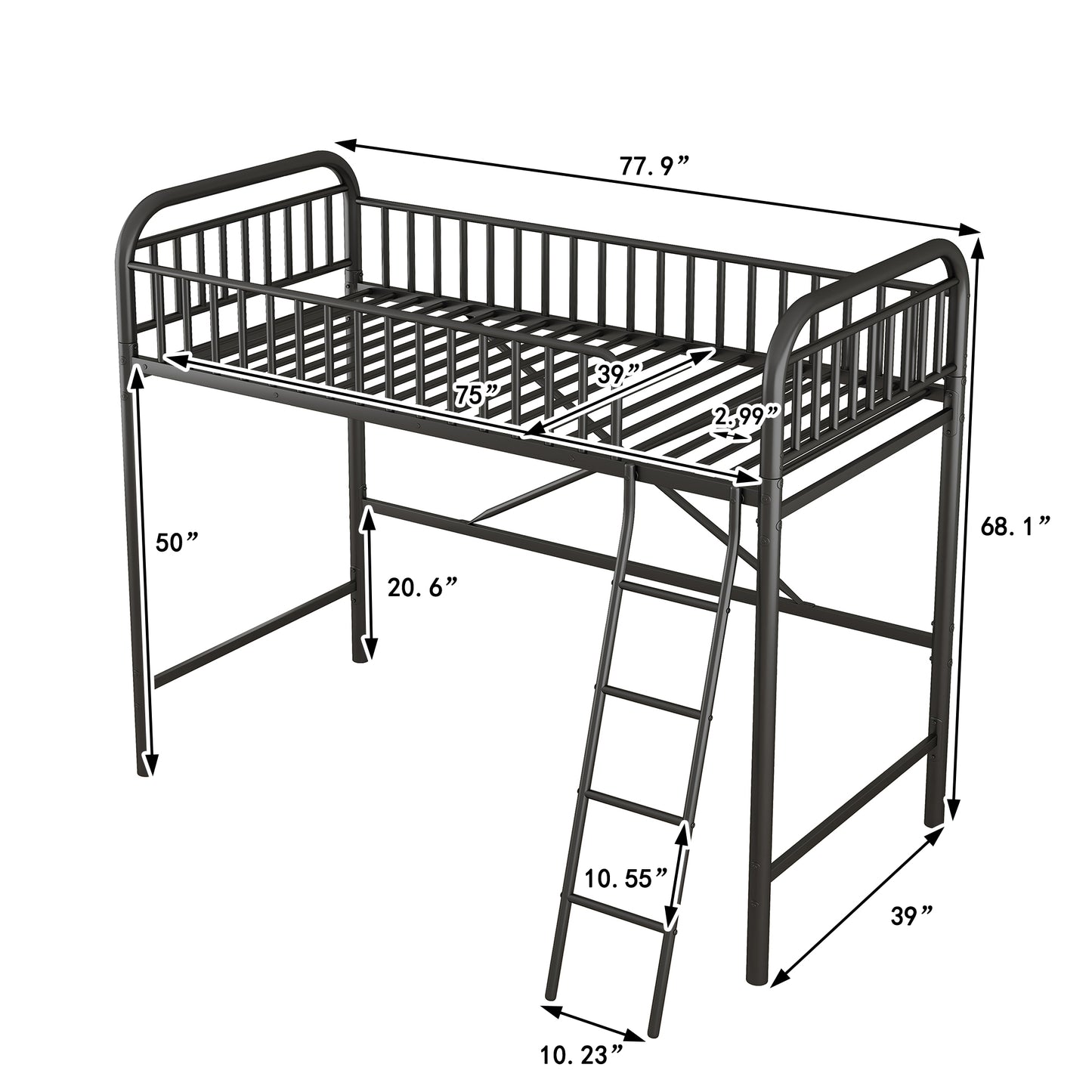 iRerts Black Loft Bed Twin Size, Twin Metal Loft Bed for Kids Teens, Twin Size Loft Bed with Ladder, Full-Length Guardrails, No Box Spring Needed, Modern Twin Loft Bed for Bedroom, Dorm, Guest Room
